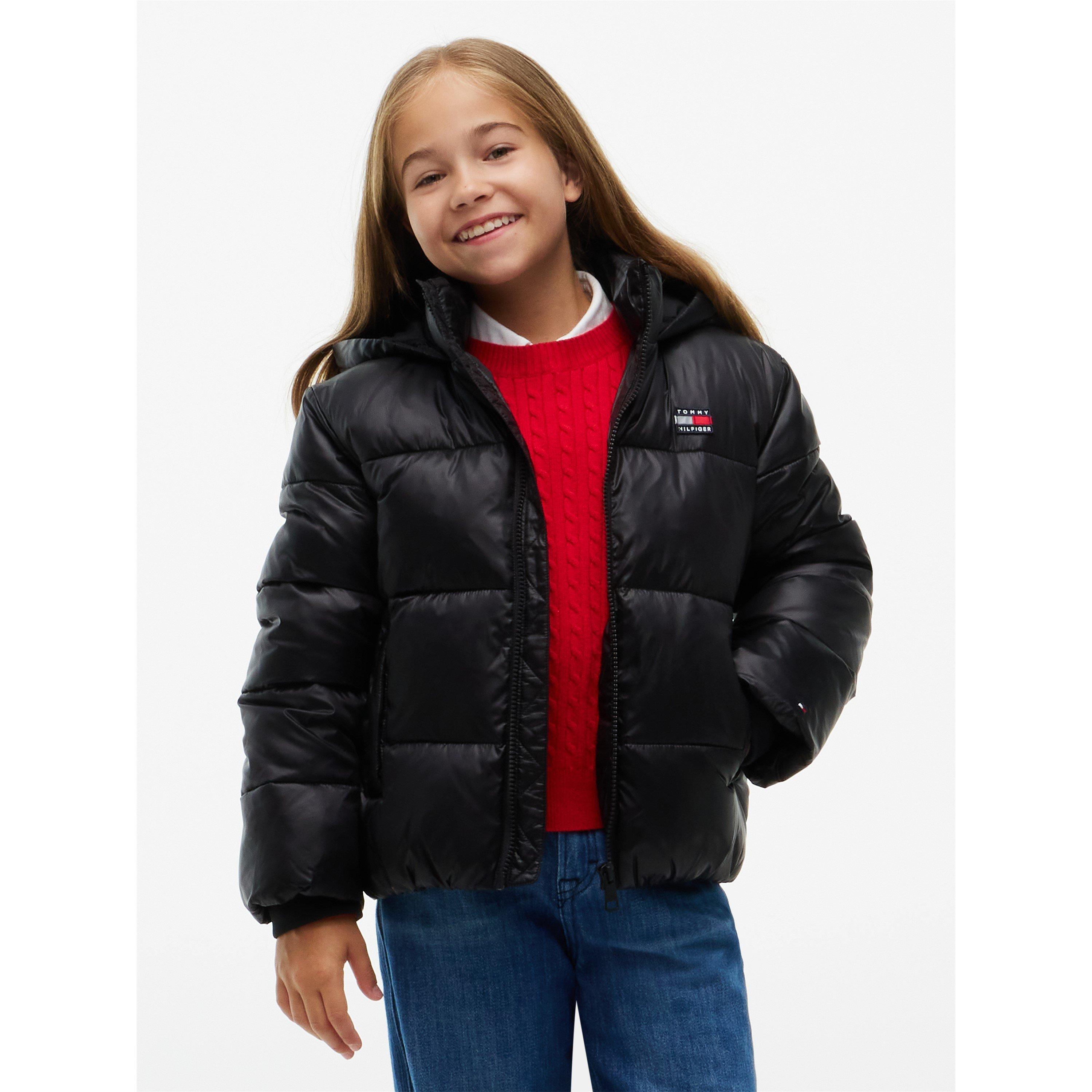 Black BDS - Tommy Hilfiger - Kids' Shiny Full-Zip Hooded Short Puffer Jacket - 3