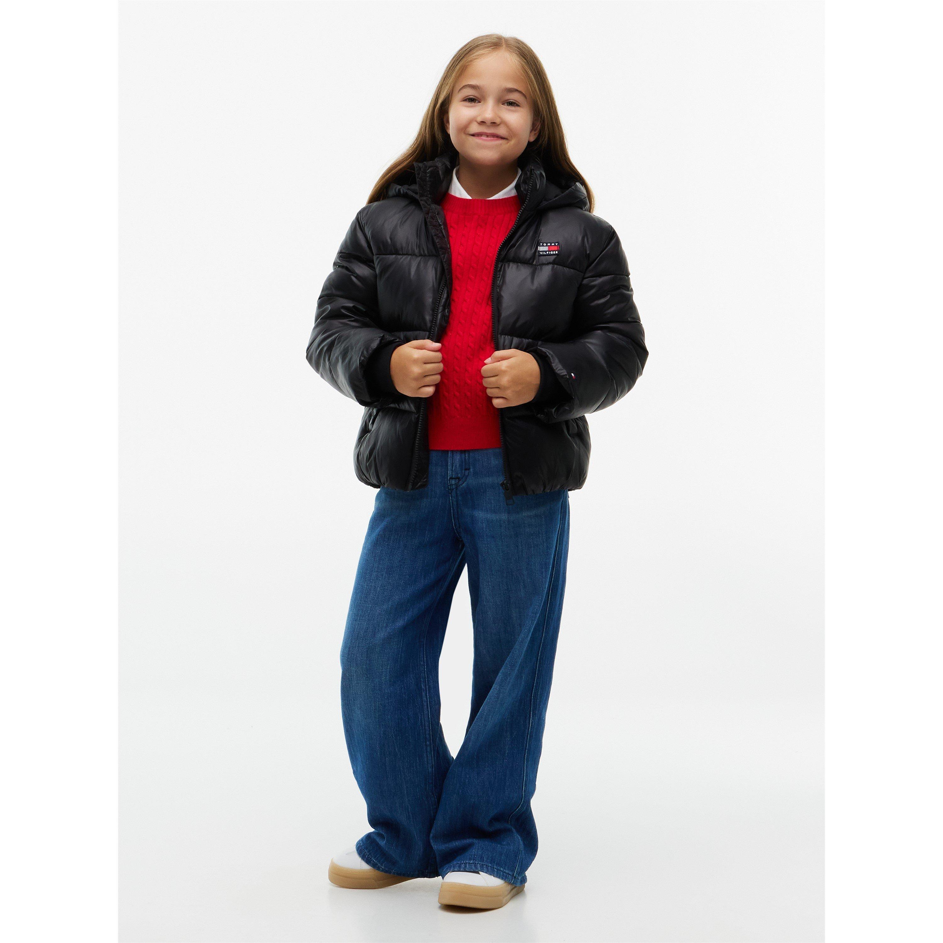 Black BDS - Tommy Hilfiger - Kids' Shiny Full-Zip Hooded Short Puffer Jacket - 4