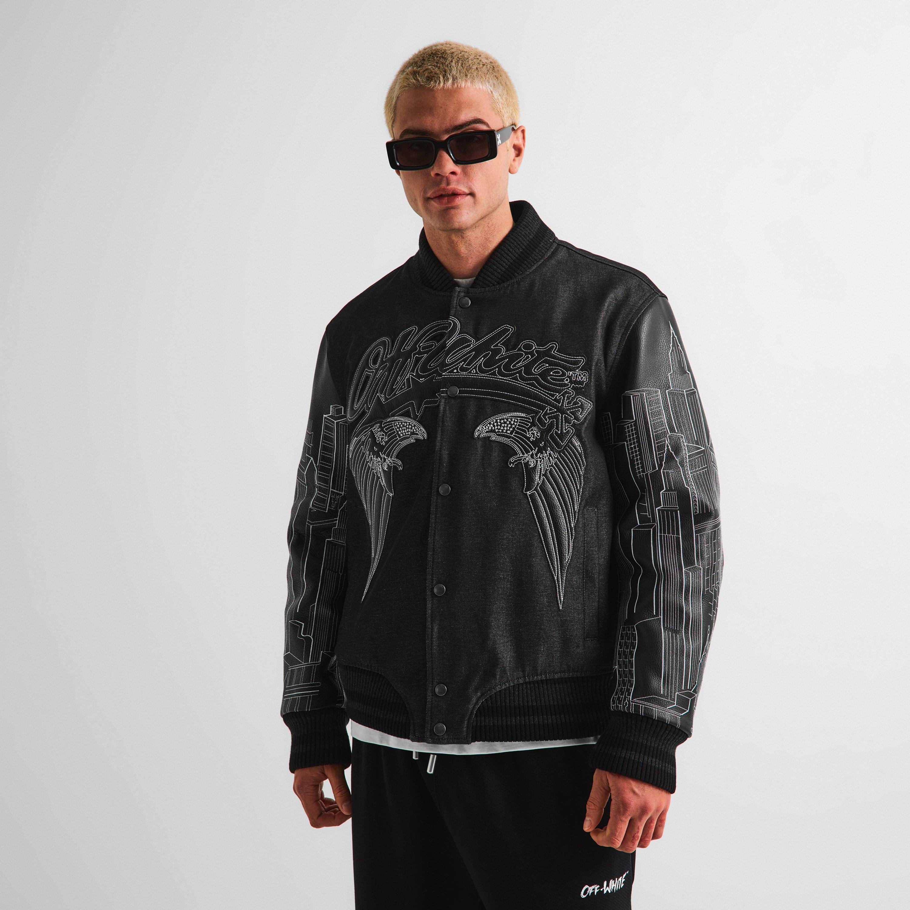 Black - Off White - Men's Skyline Varsity Jacket - 3