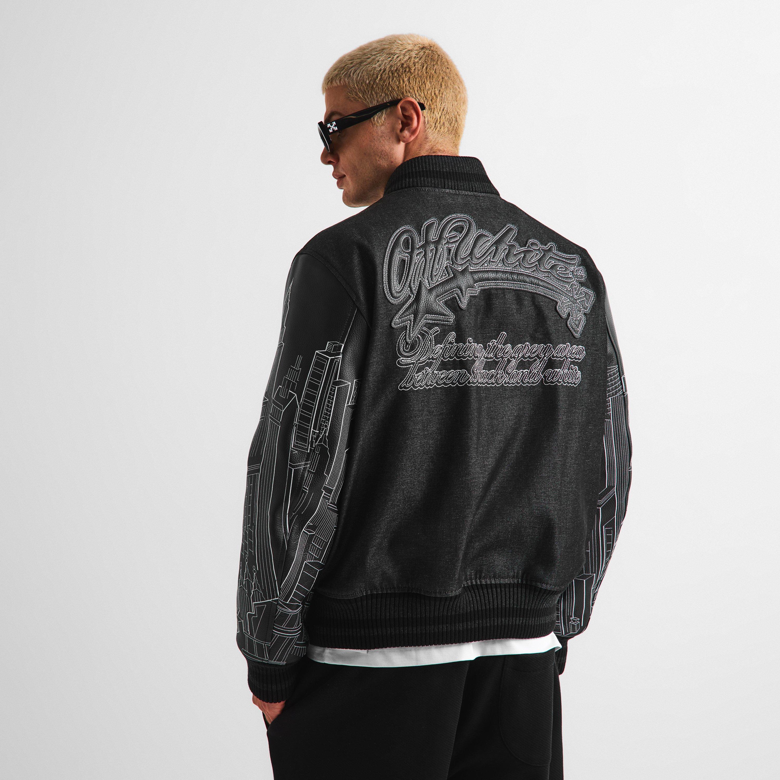 Black - Off White - Men's Skyline Varsity Jacket - 4