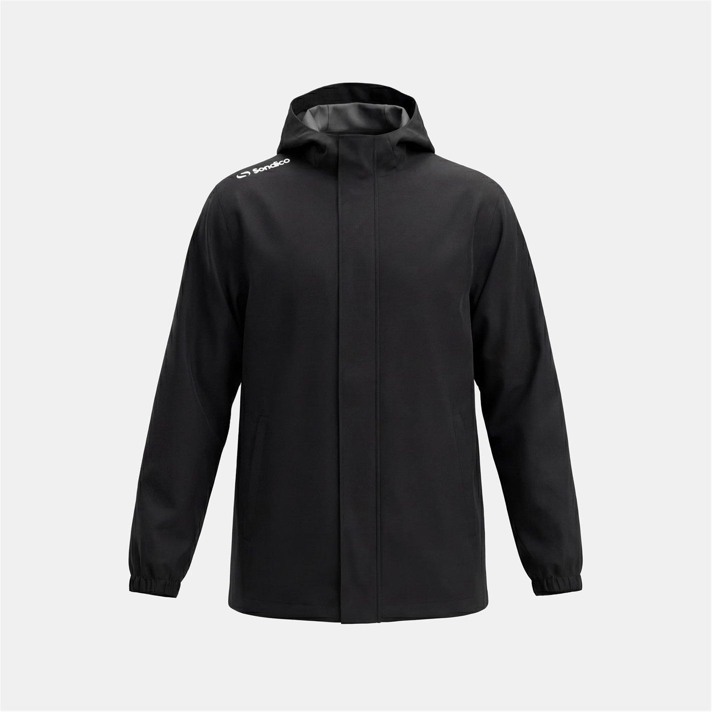 Zwart - Sondico - Mens Rain Jacket Waterproof Long Sleeve Hooded Rain Anorak - 1