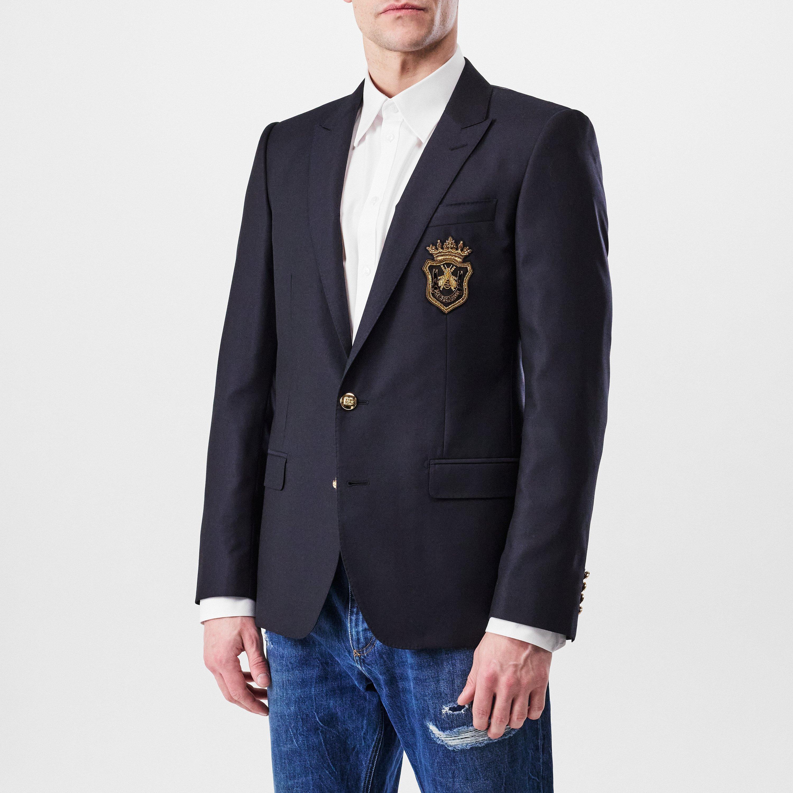 Navy Blue - Dolce and Gabbana - Men's Crest Appliquv© Single Breasted Wool Long Sleeve Blazer - 1