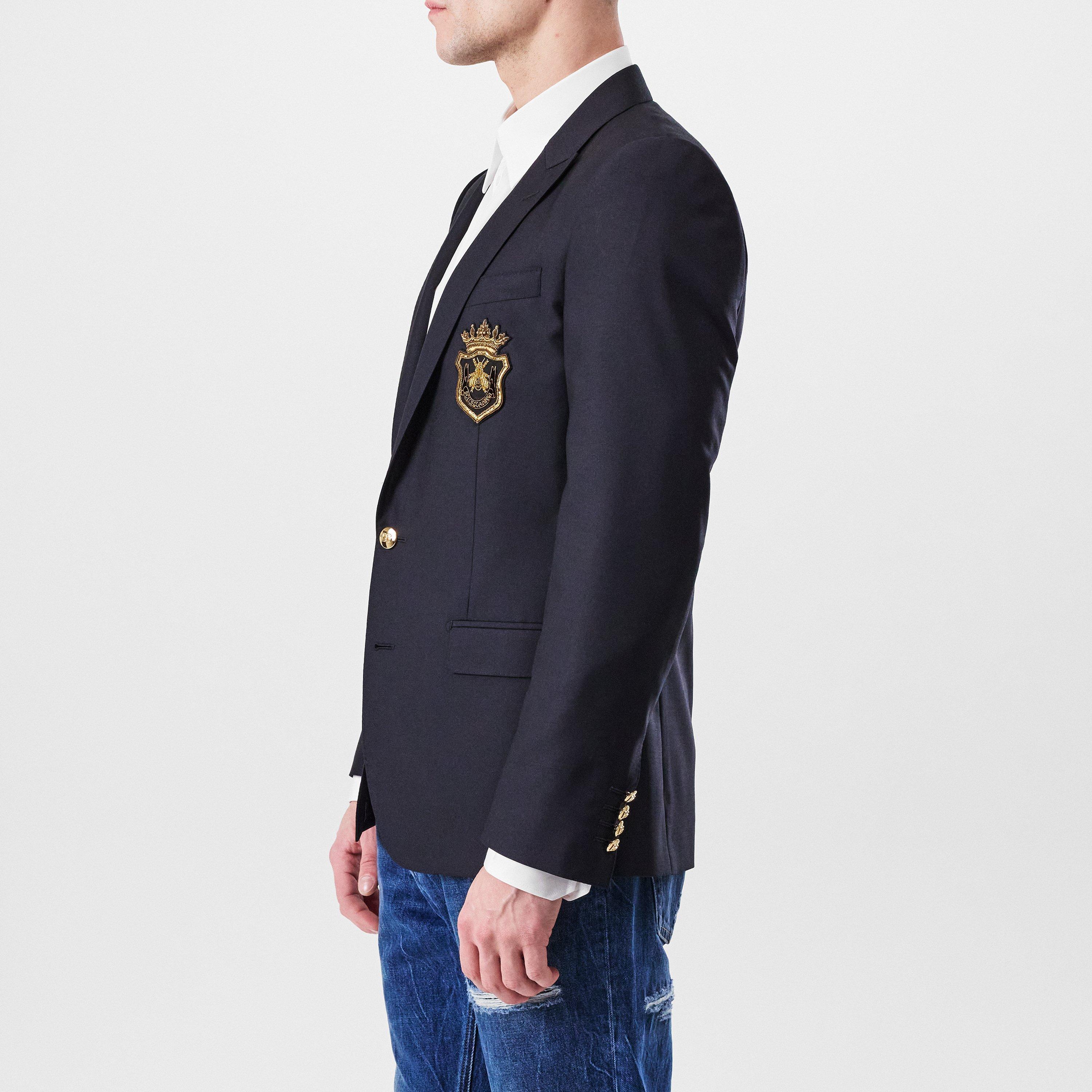 Navy Blue - Dolce and Gabbana - Men's Crest Appliquv© Single Breasted Wool Long Sleeve Blazer - 2