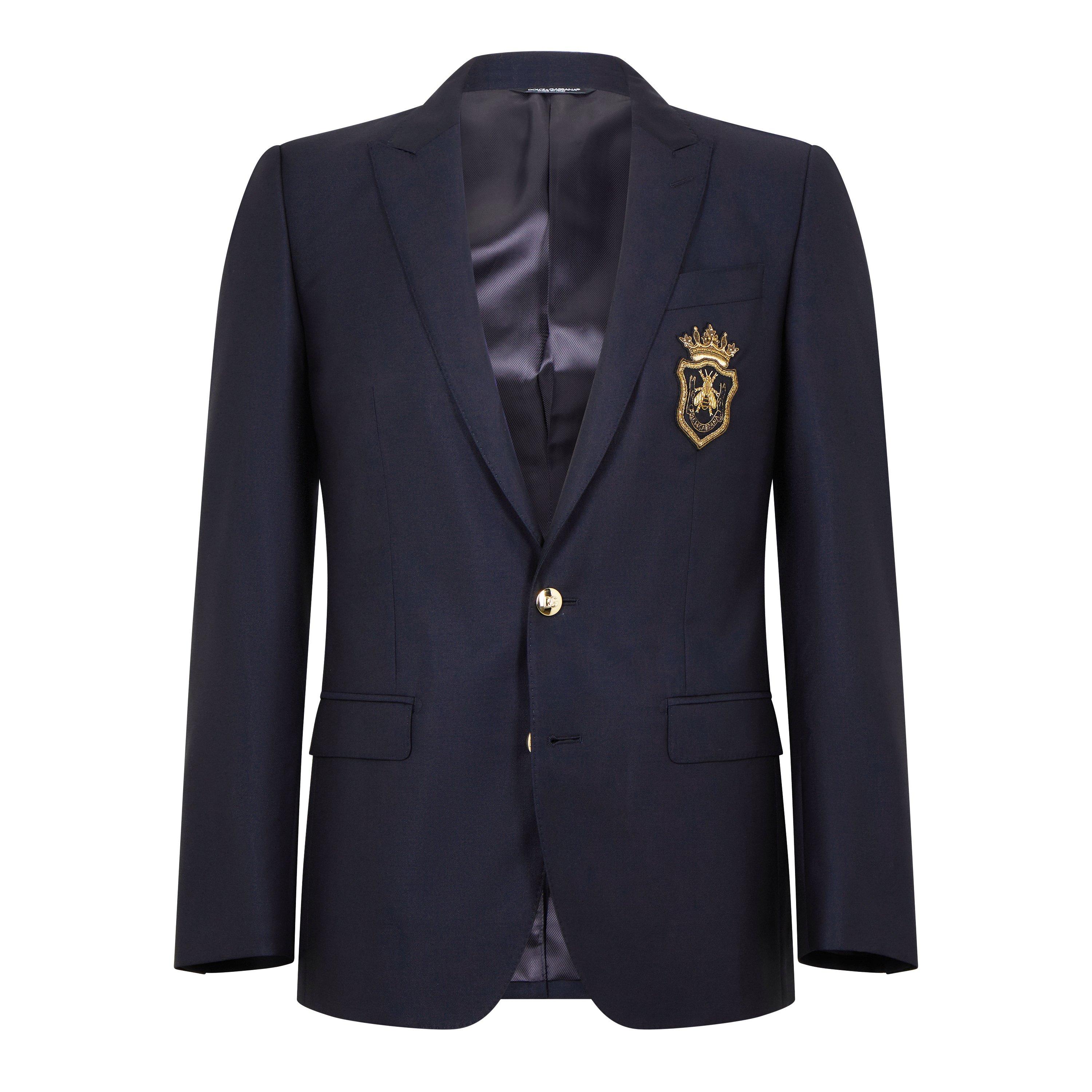 Navy Blue - Dolce and Gabbana - Men's Crest Appliquv© Single Breasted Wool Long Sleeve Blazer - 5