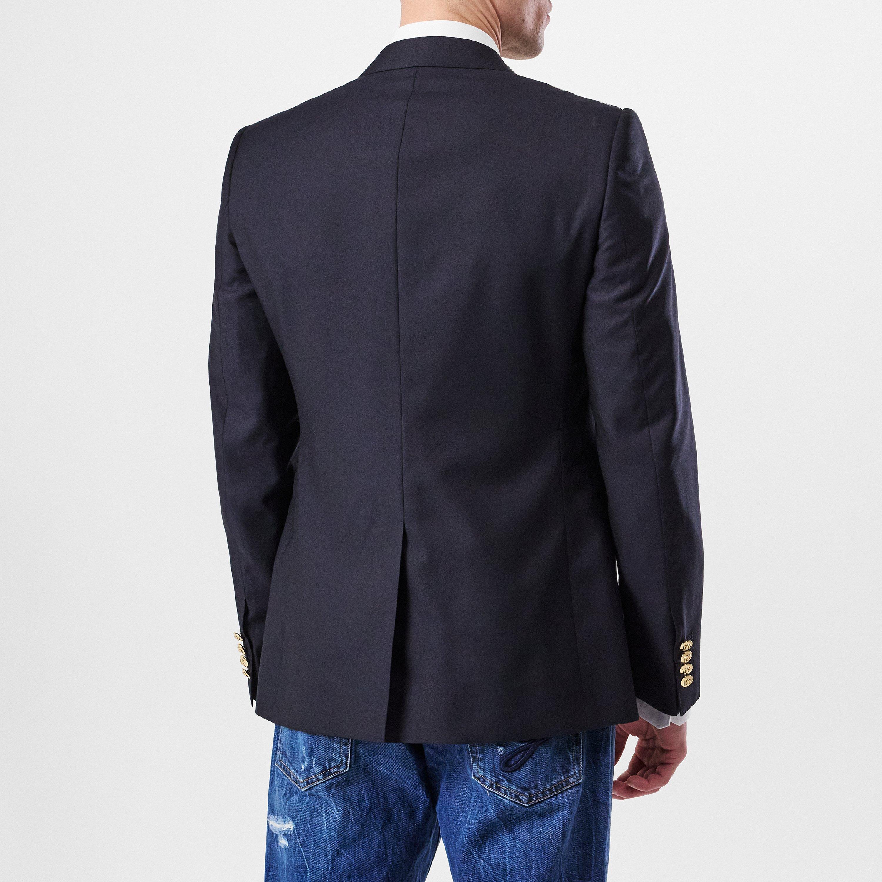 Navy Blue - Dolce and Gabbana - Men's Crest Appliquv© Single Breasted Wool Long Sleeve Blazer - 3