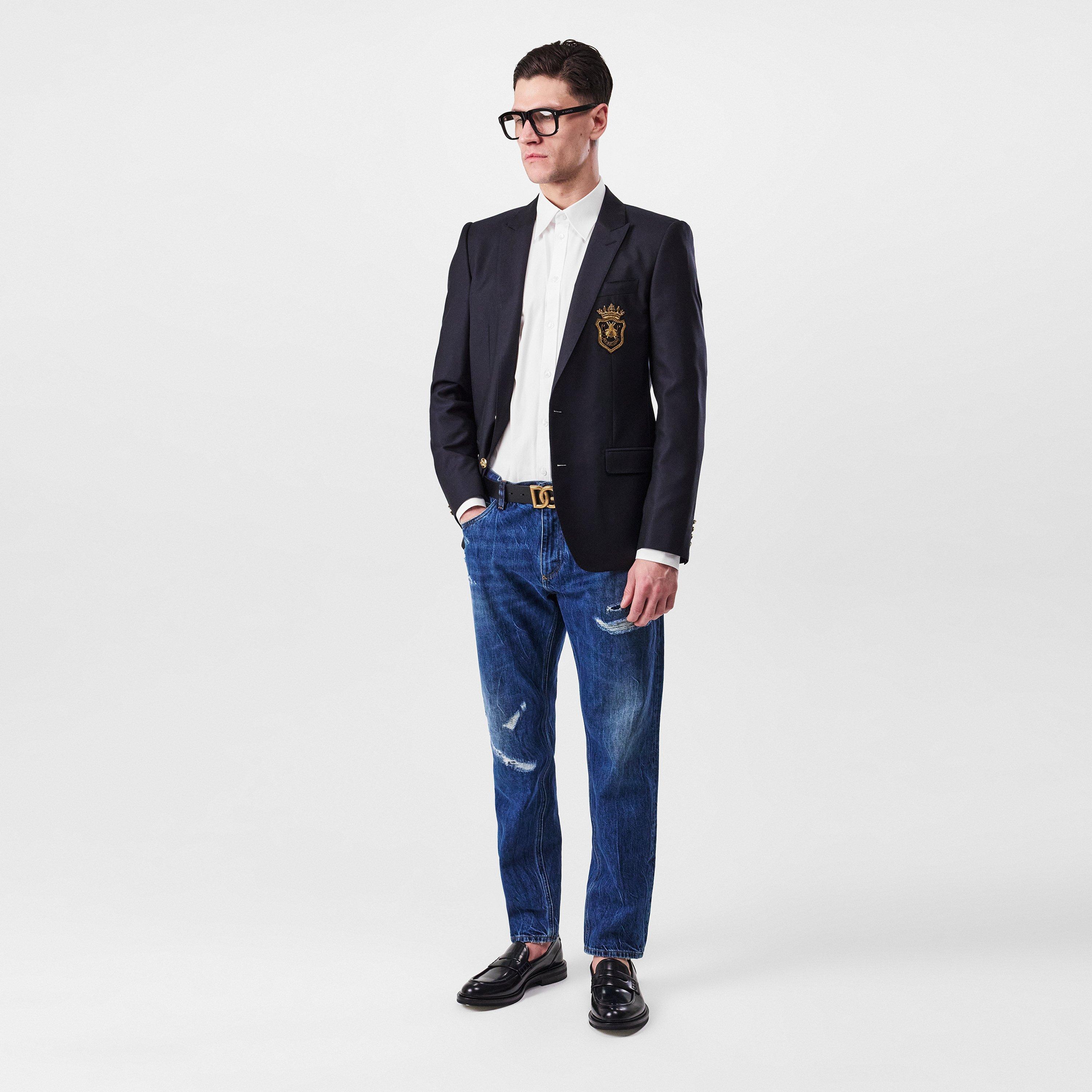 Navy Blue - Dolce and Gabbana - Men's Crest Appliquv© Single Breasted Wool Long Sleeve Blazer - 4
