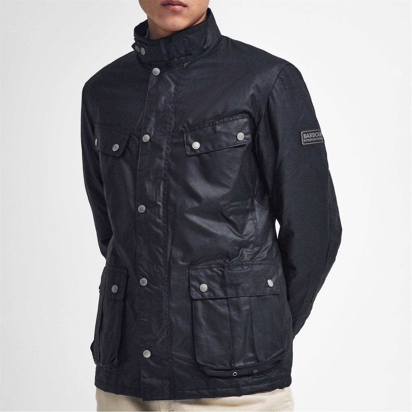 Black BK91 - Barbour International - Men's Duke Water Resistant Windproof Cotton Long Sleeve Wax Jacket - 6