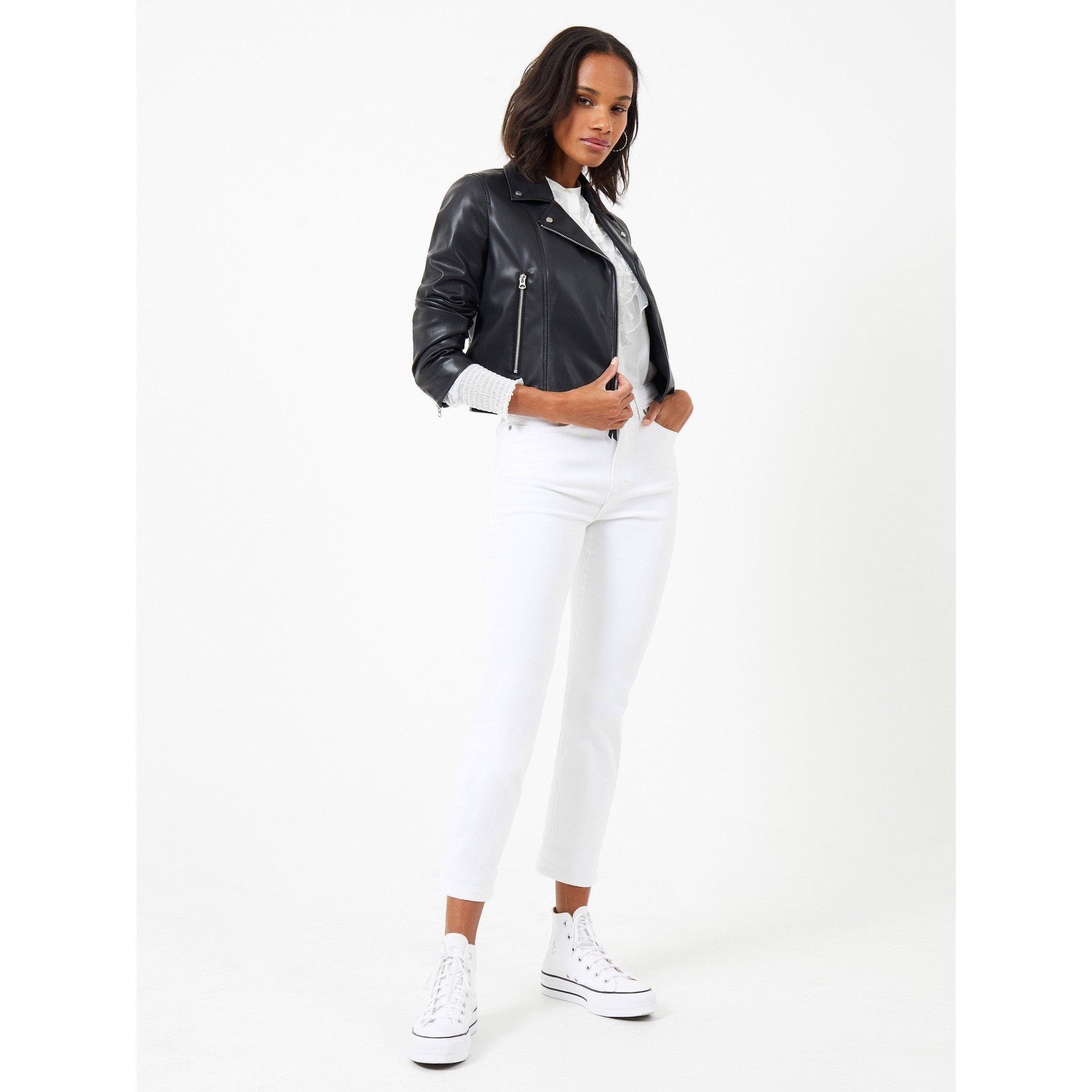 01-Black - French Connection - Women's Etta Faux Leather Long Sleeve Cropped Slim Fit Biker Jacket - 1