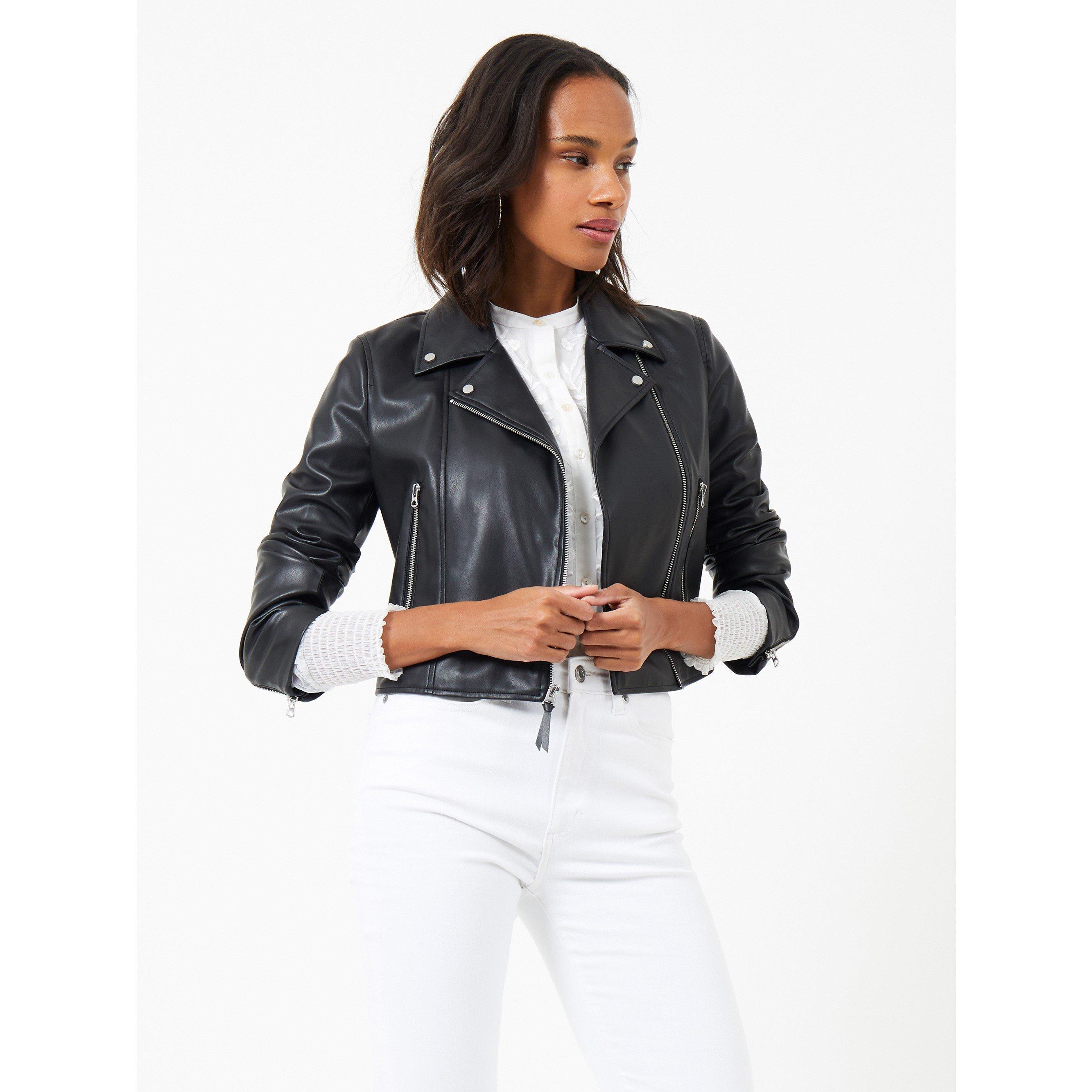 01-Black - French Connection - Women's Etta Faux Leather Long Sleeve Cropped Slim Fit Biker Jacket - 2