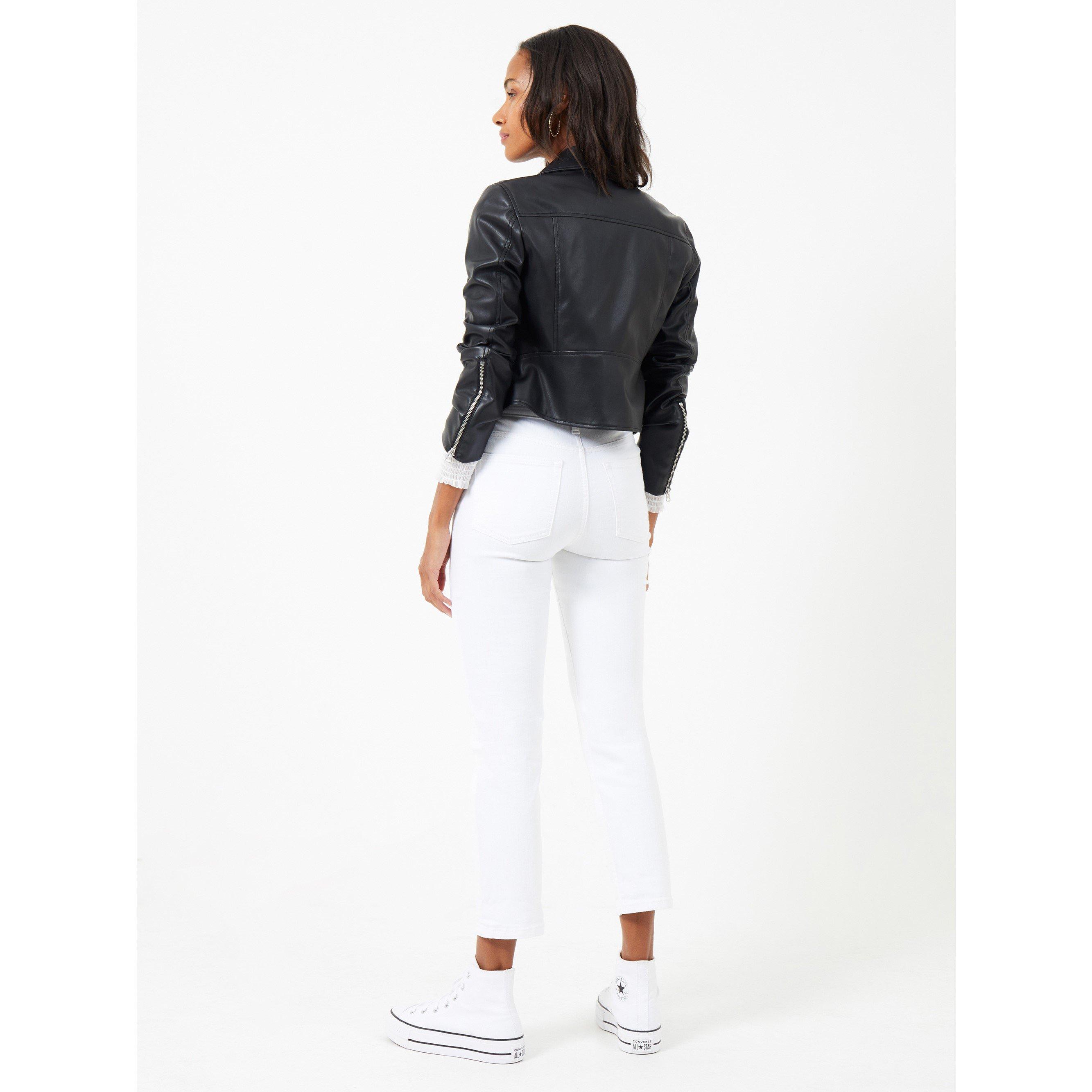 01-Black - French Connection - Women's Etta Faux Leather Long Sleeve Cropped Slim Fit Biker Jacket - 3