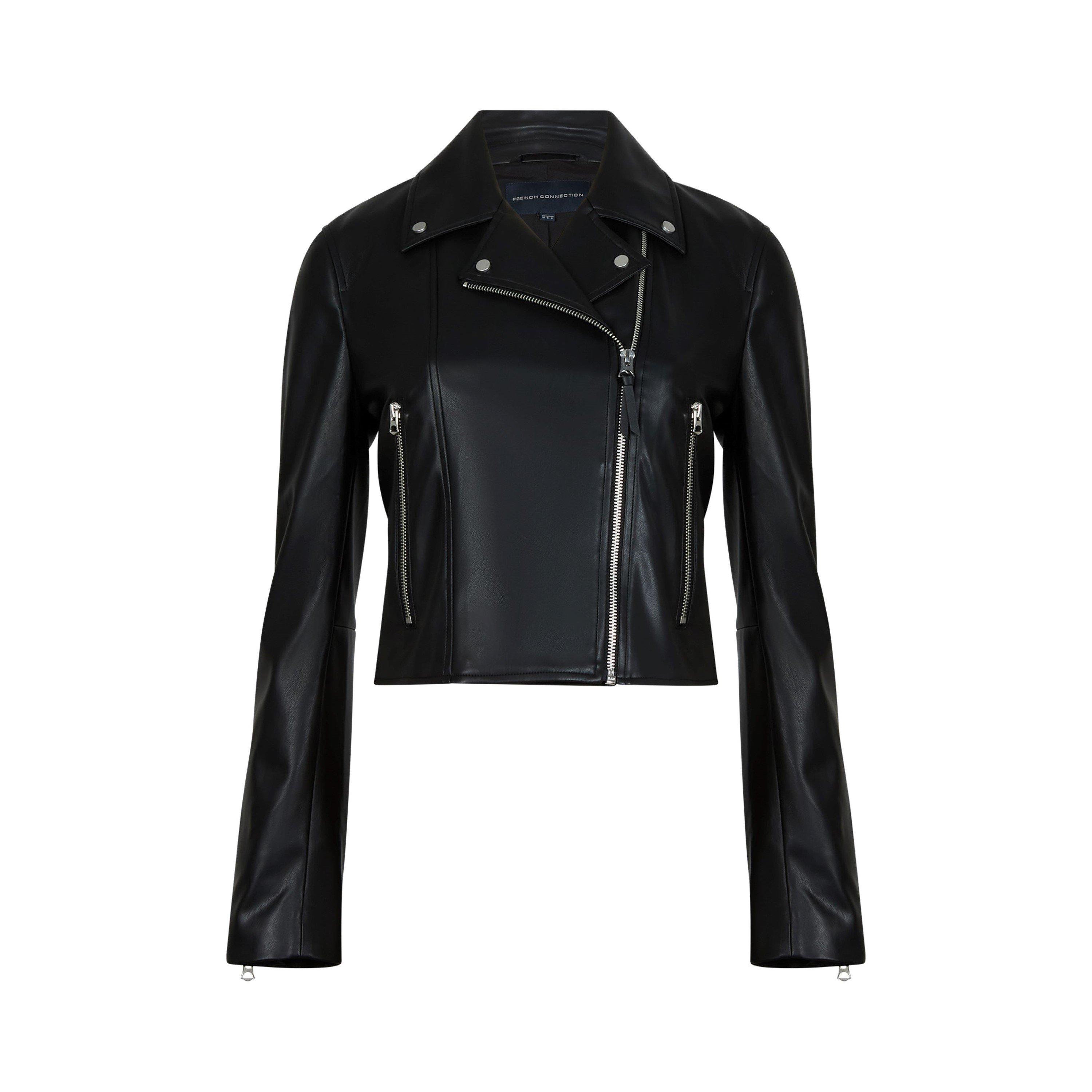 01-Black - French Connection - Women's Etta Faux Leather Long Sleeve Cropped Slim Fit Biker Jacket - 4