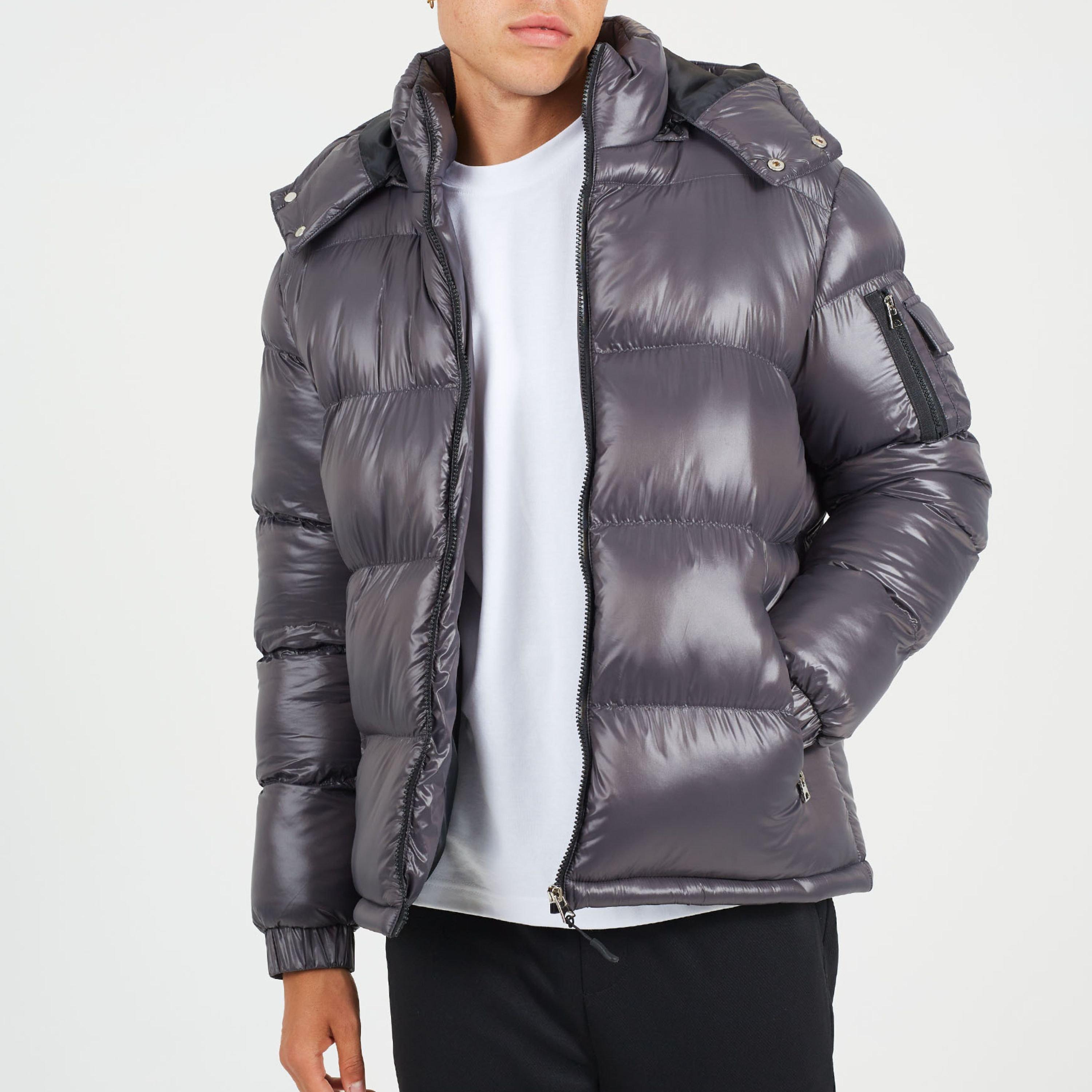 Grey - Brave Soul - Mens Funnel Neck Puffer Jacket with Removable Hood. - 1