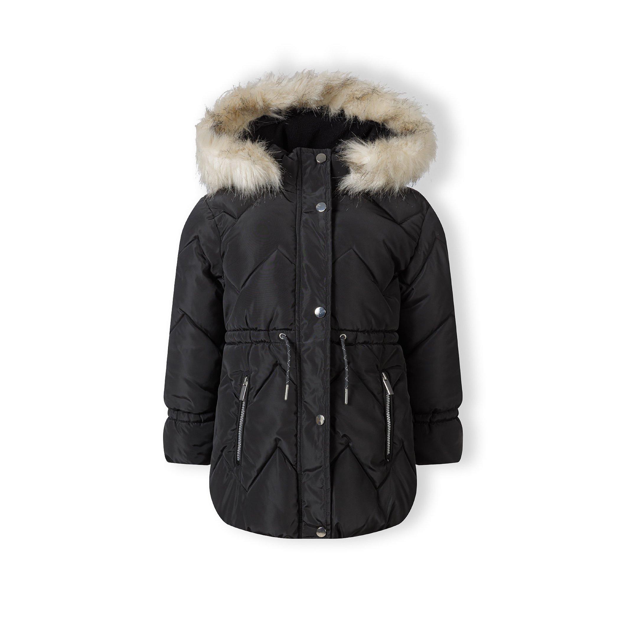 Black - Minoti - Girls mid length quilted winter jacket faux fur hood black - 1