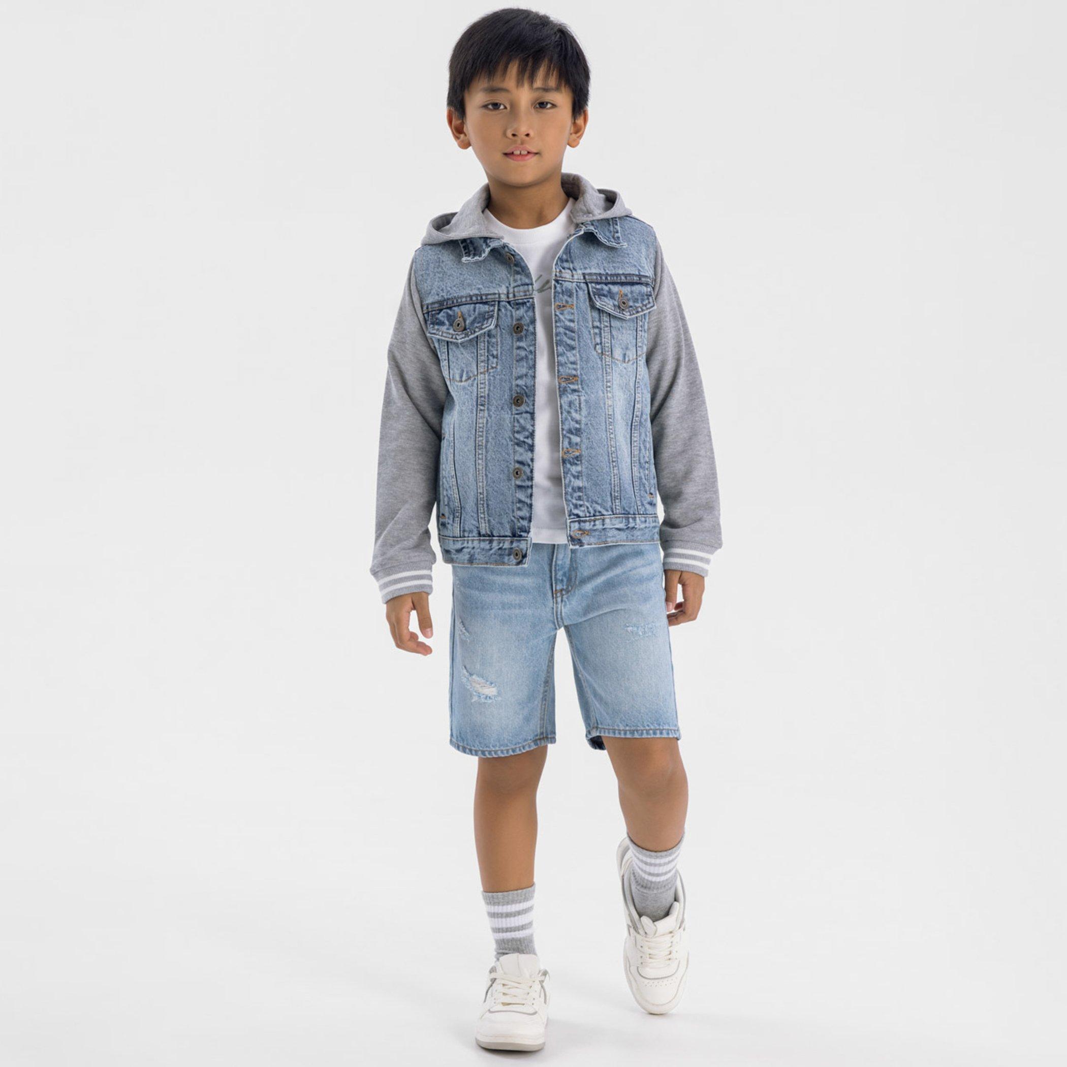 LightBlue Denim - Minoti - Boys denim jacket fleece sleeves detachable hood light blue - 2