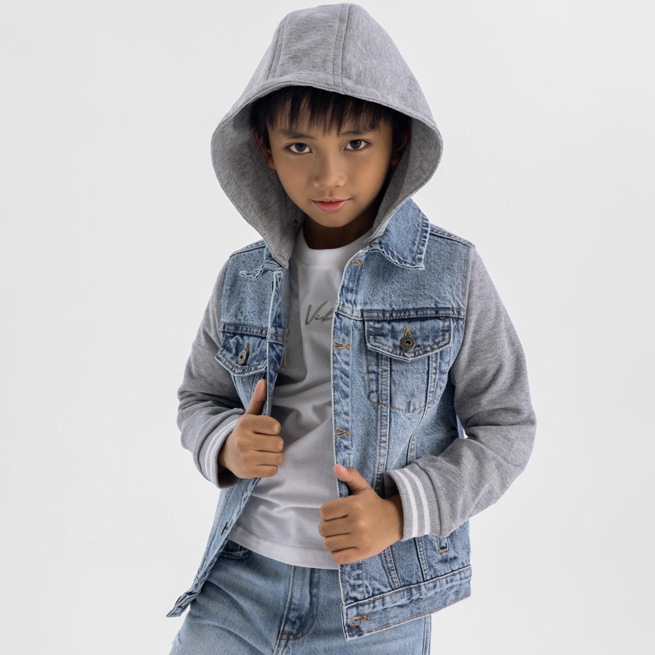 LightBlue Denim - Minoti - Boys denim jacket fleece sleeves detachable hood light blue - 3