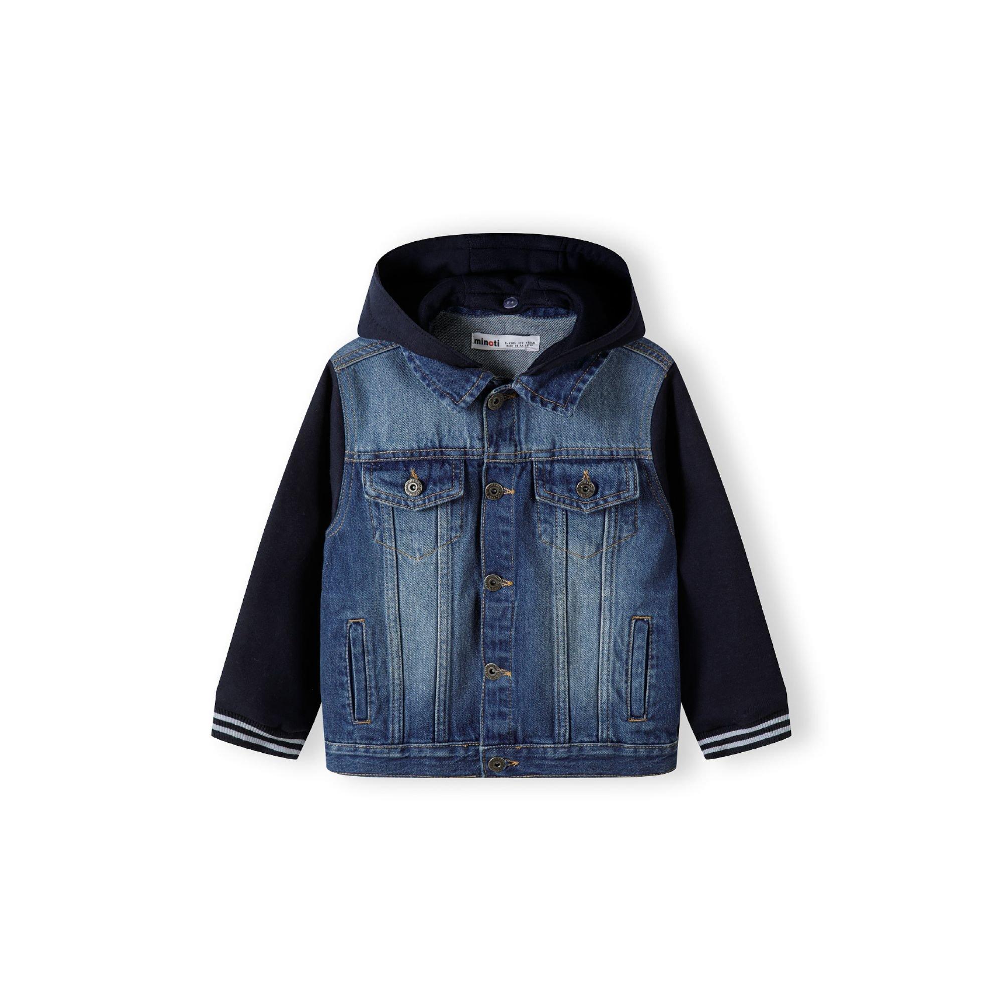 Minoti Boys denim jacket detachable hood fleece sleeves navy