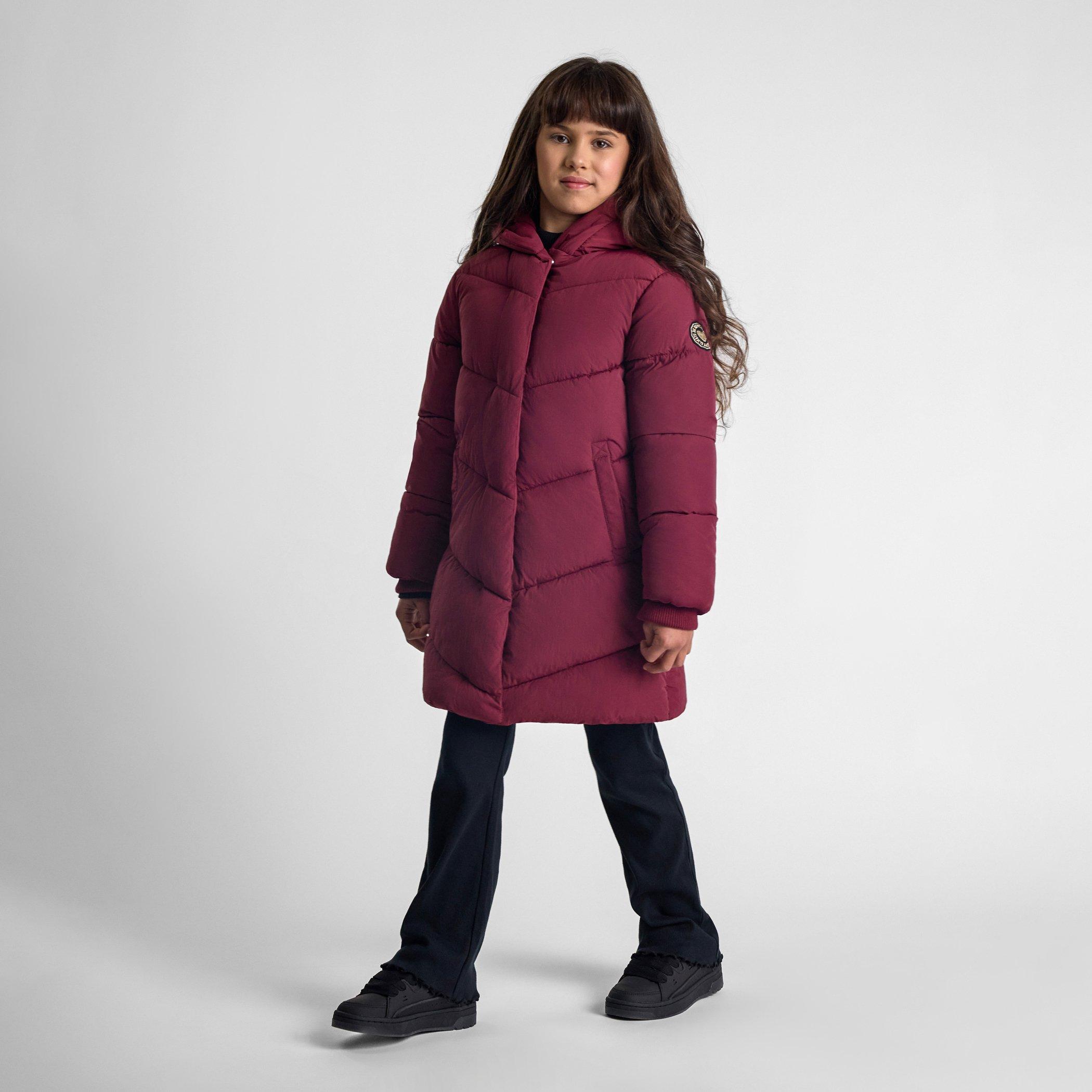 Bordeaux - Minoti - Girls long quilted winter jacket zip press studs burgundy - 2