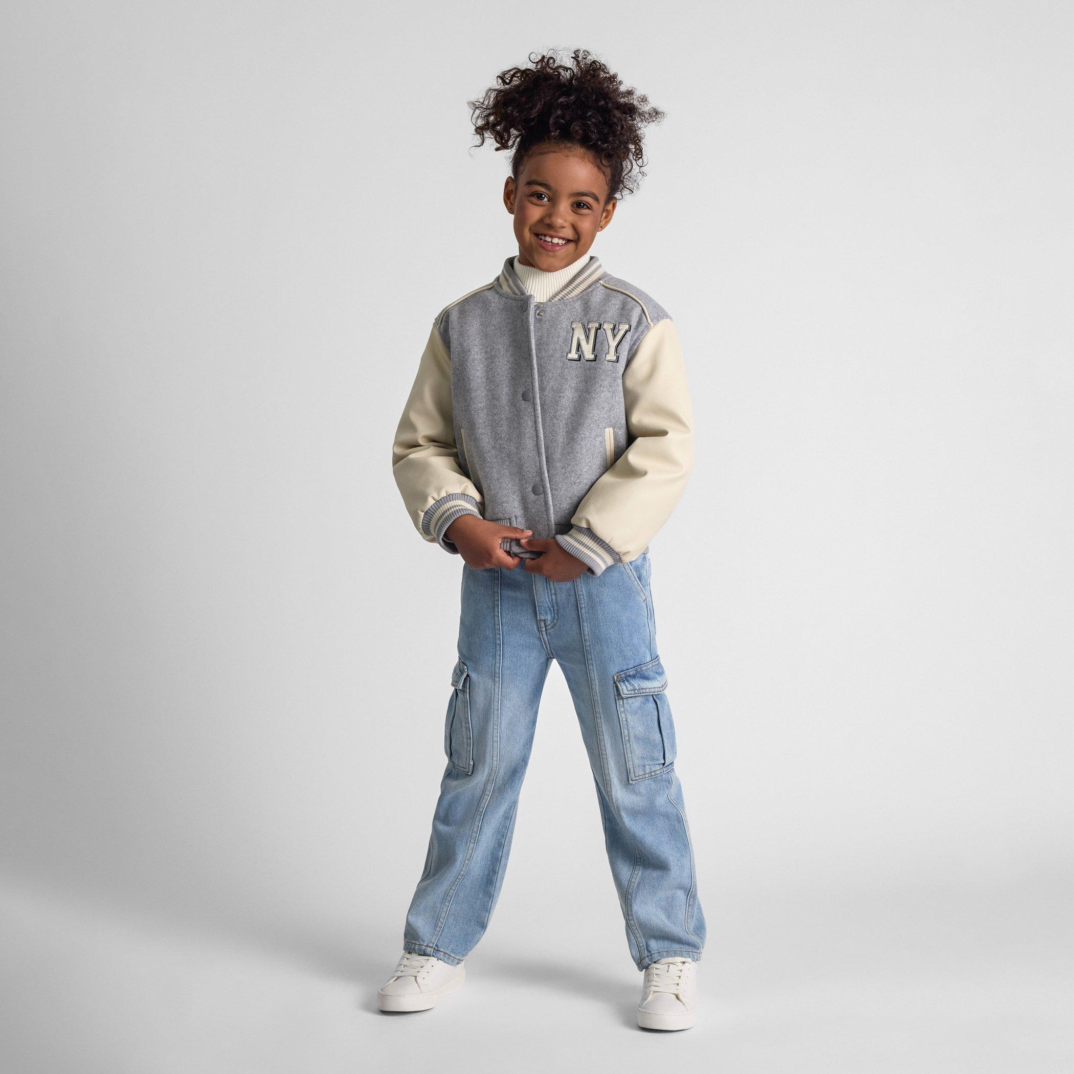 Light Grey - Minoti - Girls baseball style jacket with faux leather sleeves grey - 2