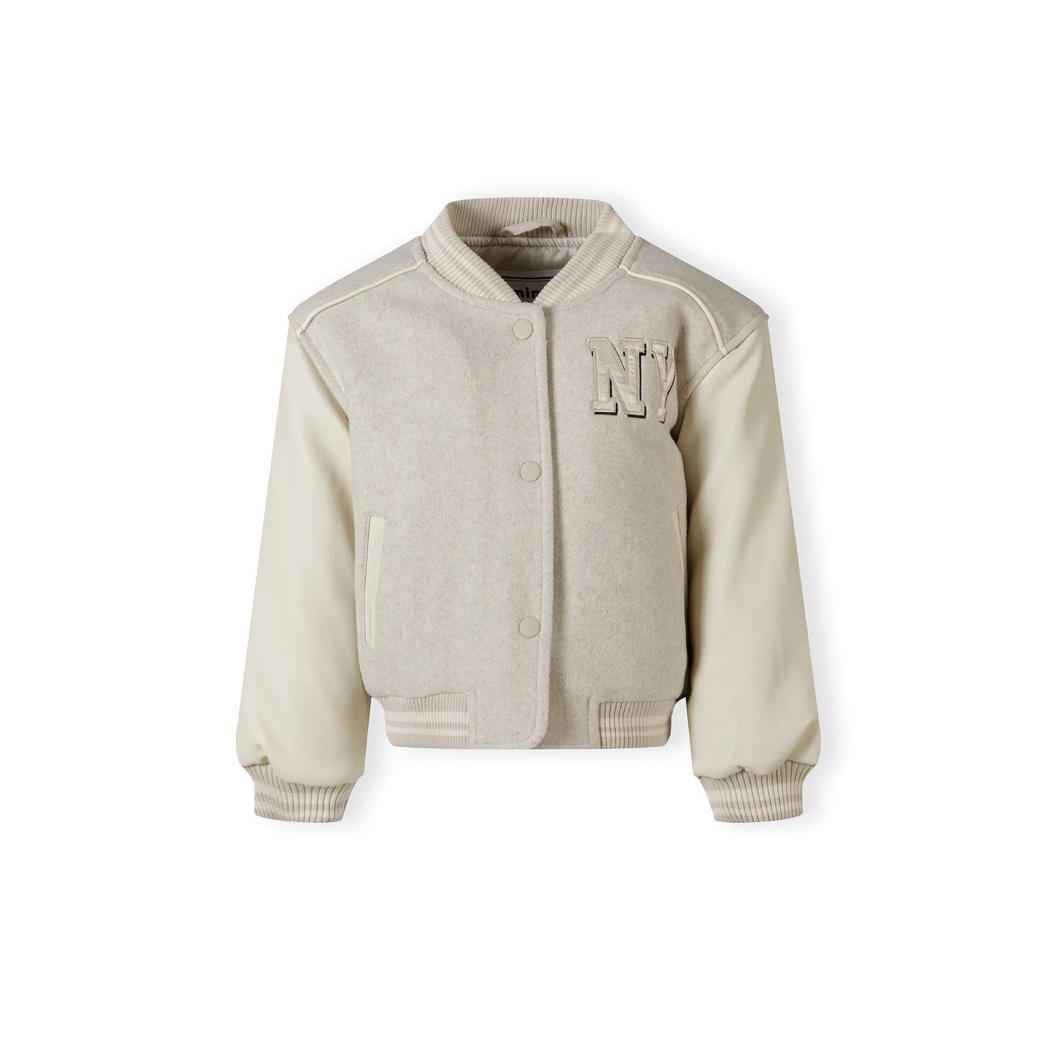 Mottled Beige - Minoti - Girls baseball style jacket with ny patch and faux leather sleeves beige - 1
