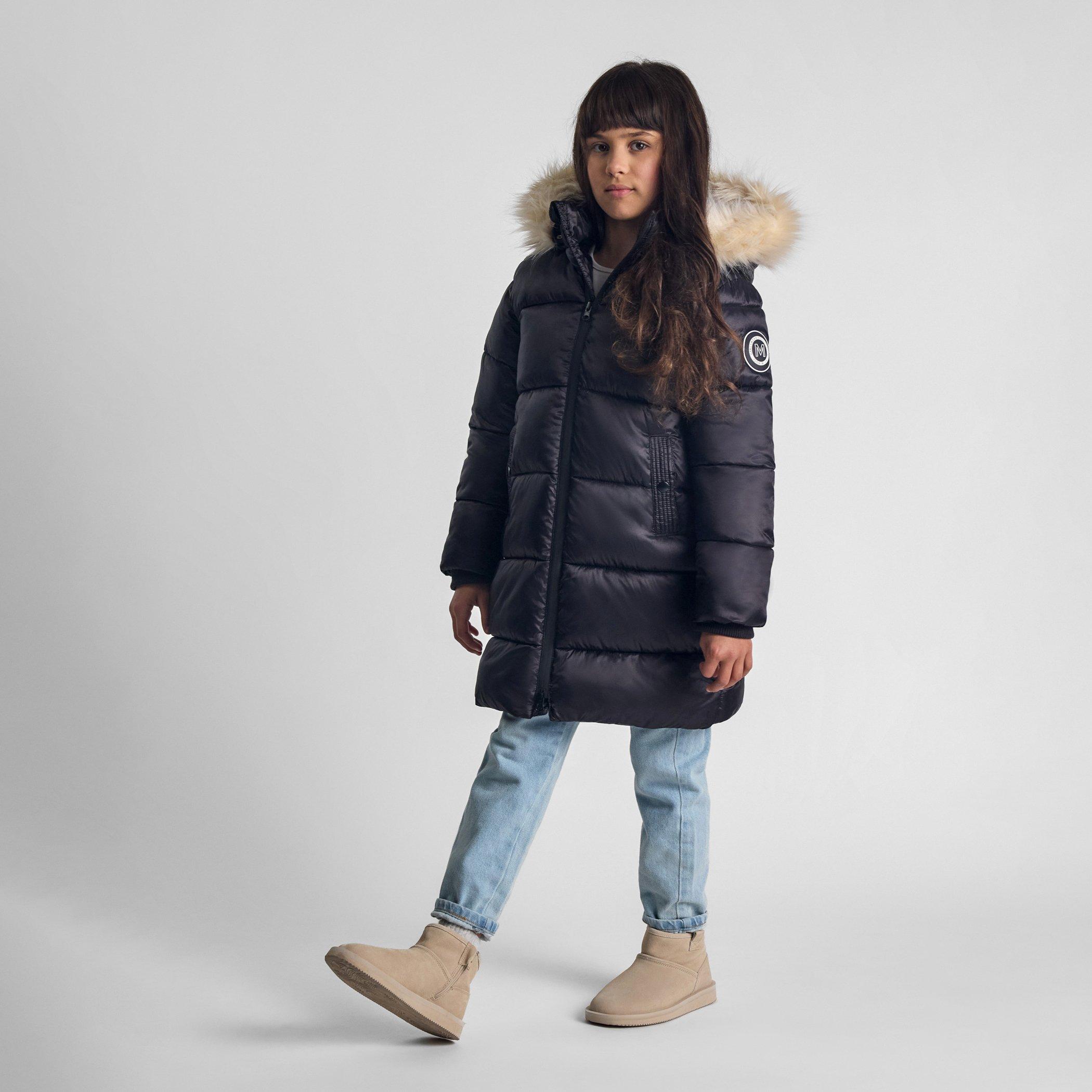 Noir - Minoti - Girls long quilted winter coat hood black - 2