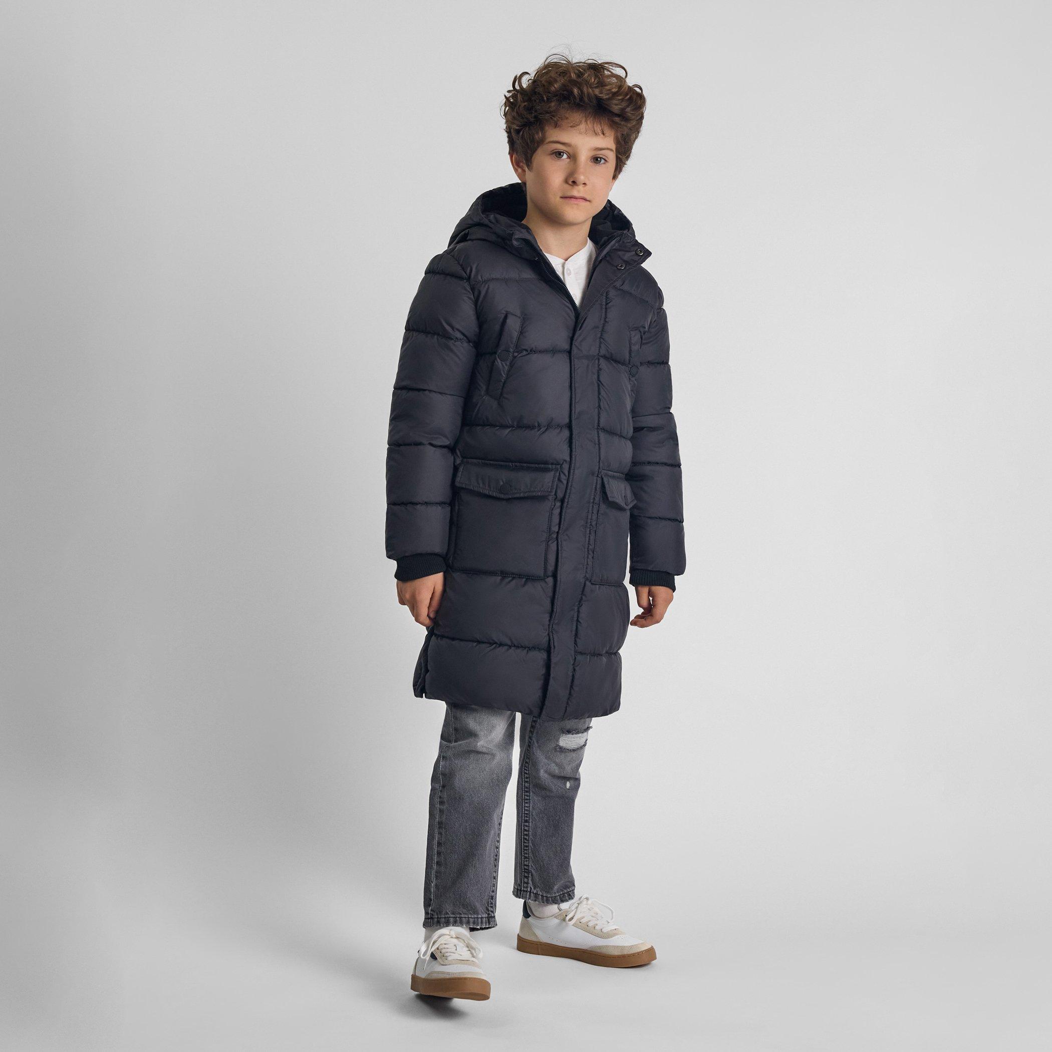 Charcoal - Minoti - Boys long padded coat with hood and snap details grey - 2