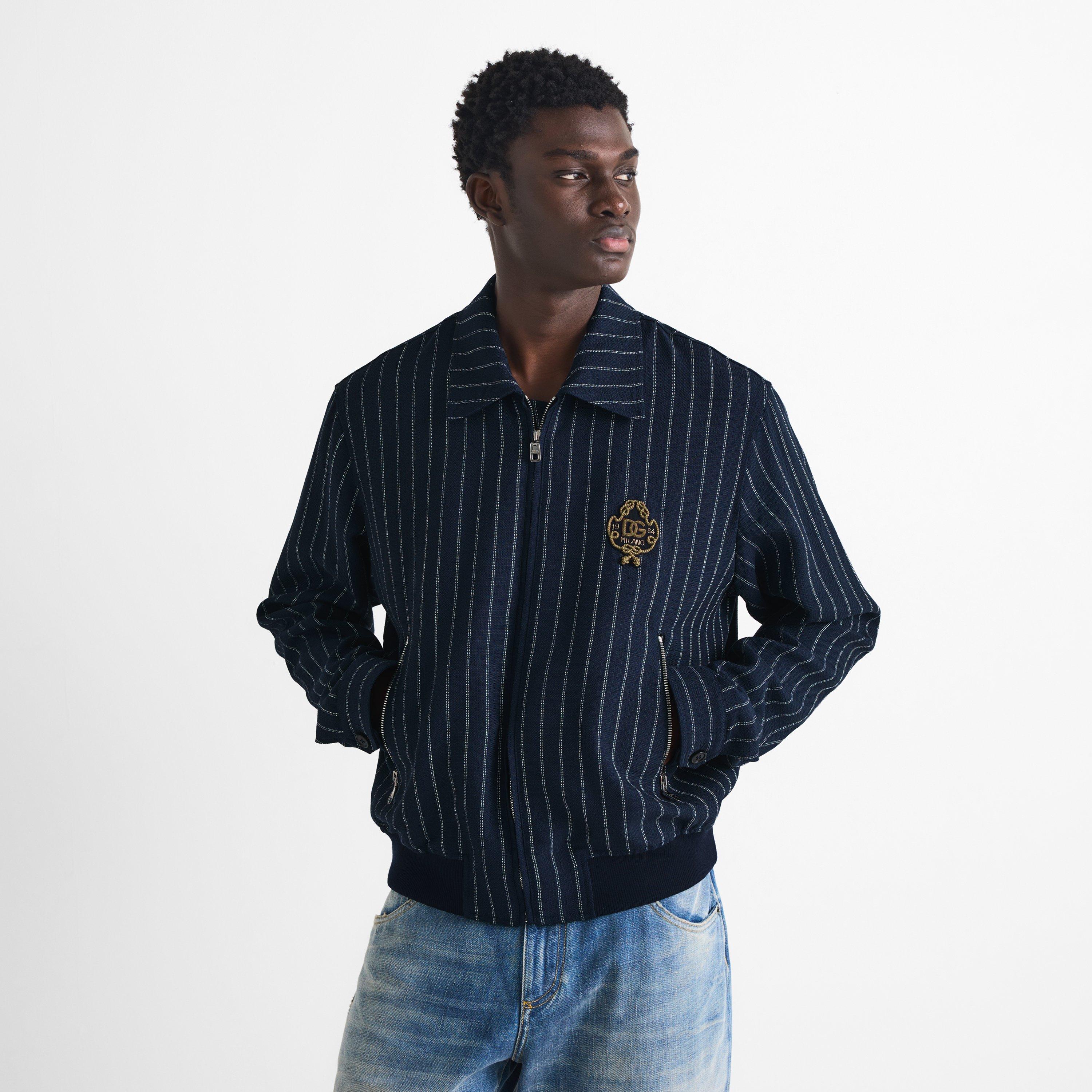 Navy - Dolce and Gabbana - Men's Marina Stripe Silk Harrington Jacket - 3