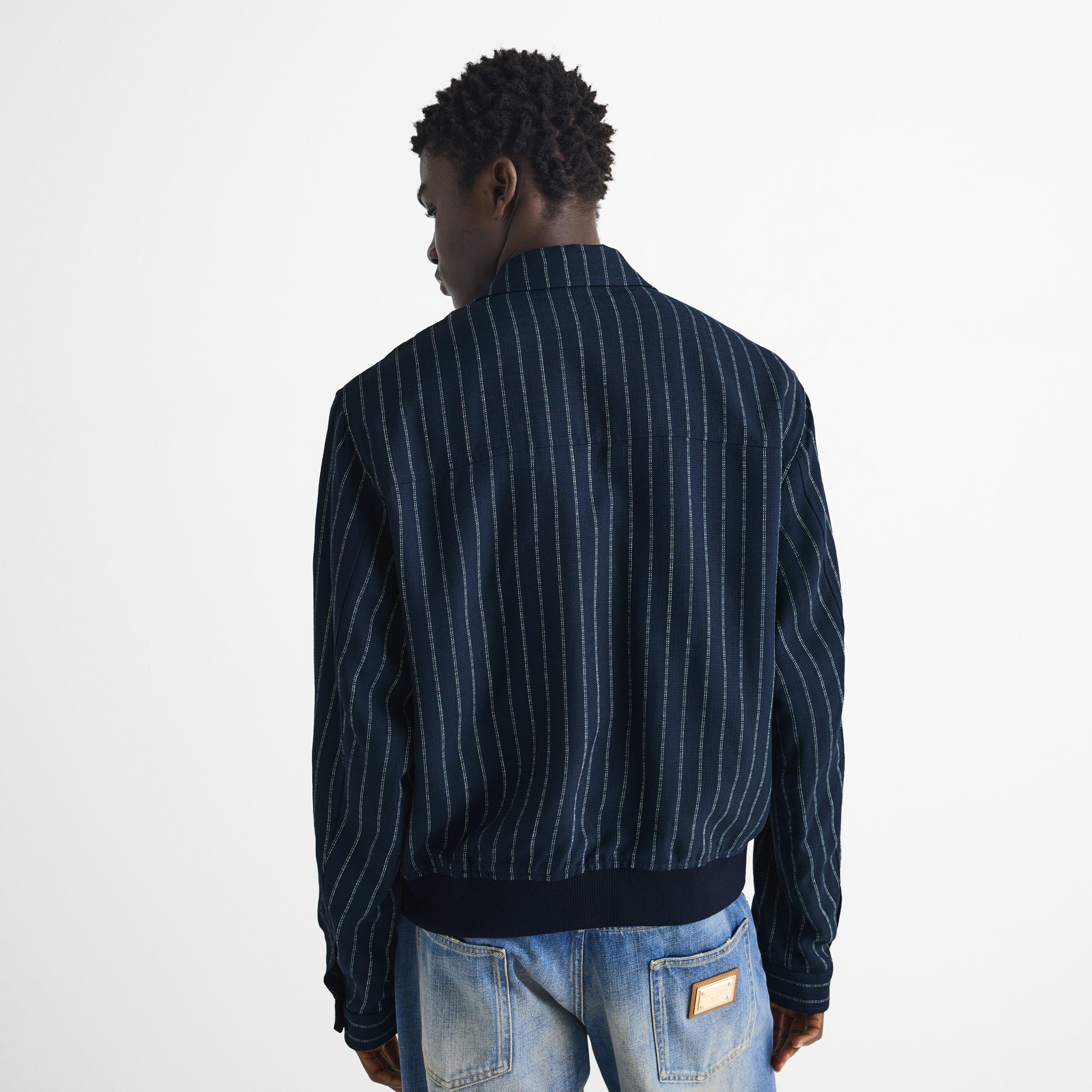 Navy - Dolce and Gabbana - Men's Marina Stripe Silk Harrington Jacket - 4