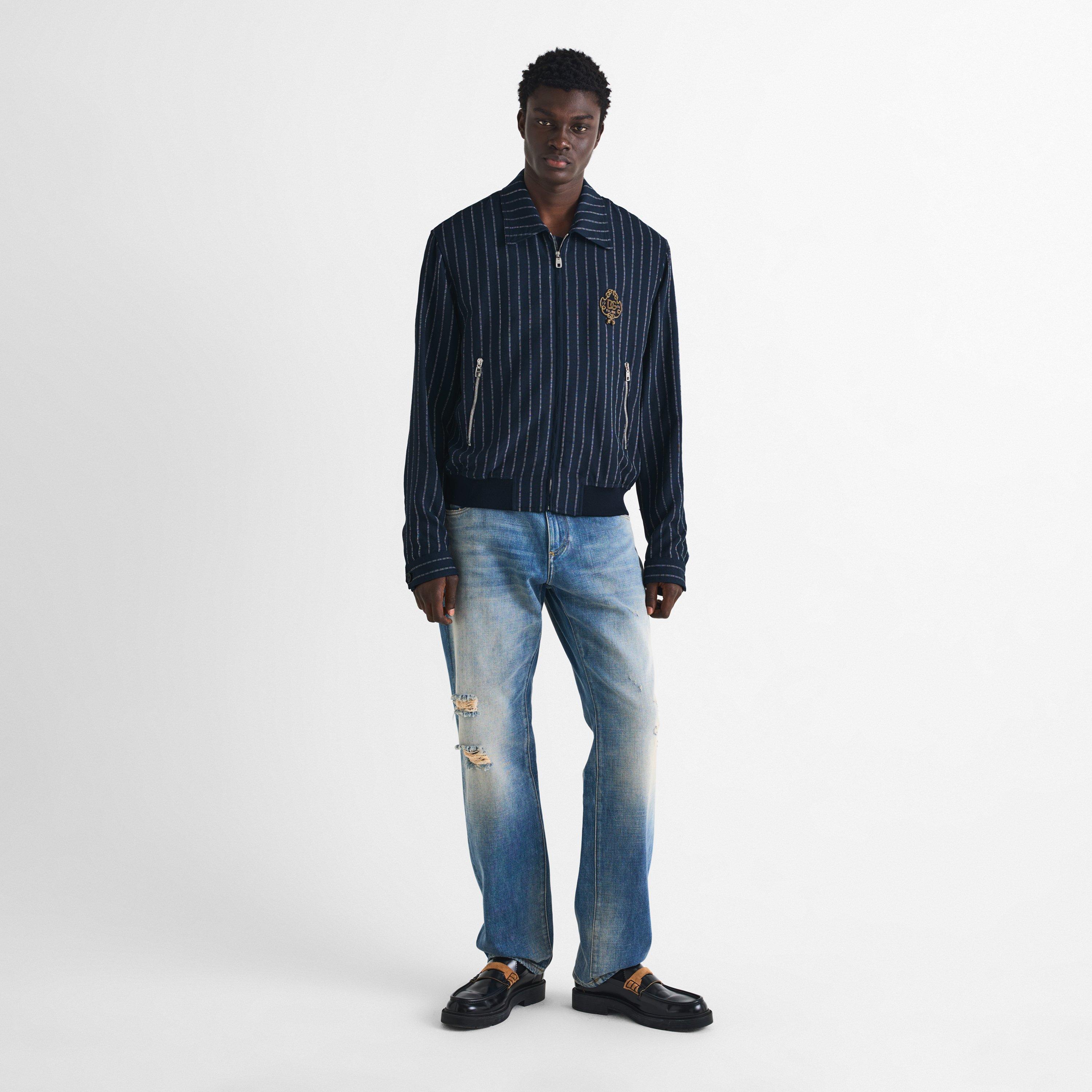 Navy - Dolce and Gabbana - Men's Marina Stripe Silk Harrington Jacket - 6