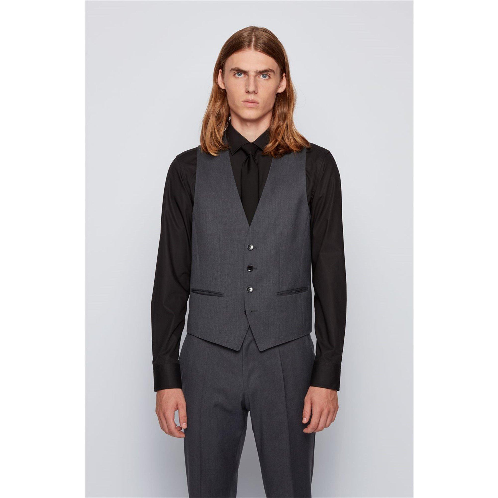 Dark Grey - Boss - Men's Herringbone Twill Slim Fit Italian Wool Waistcoat - 2