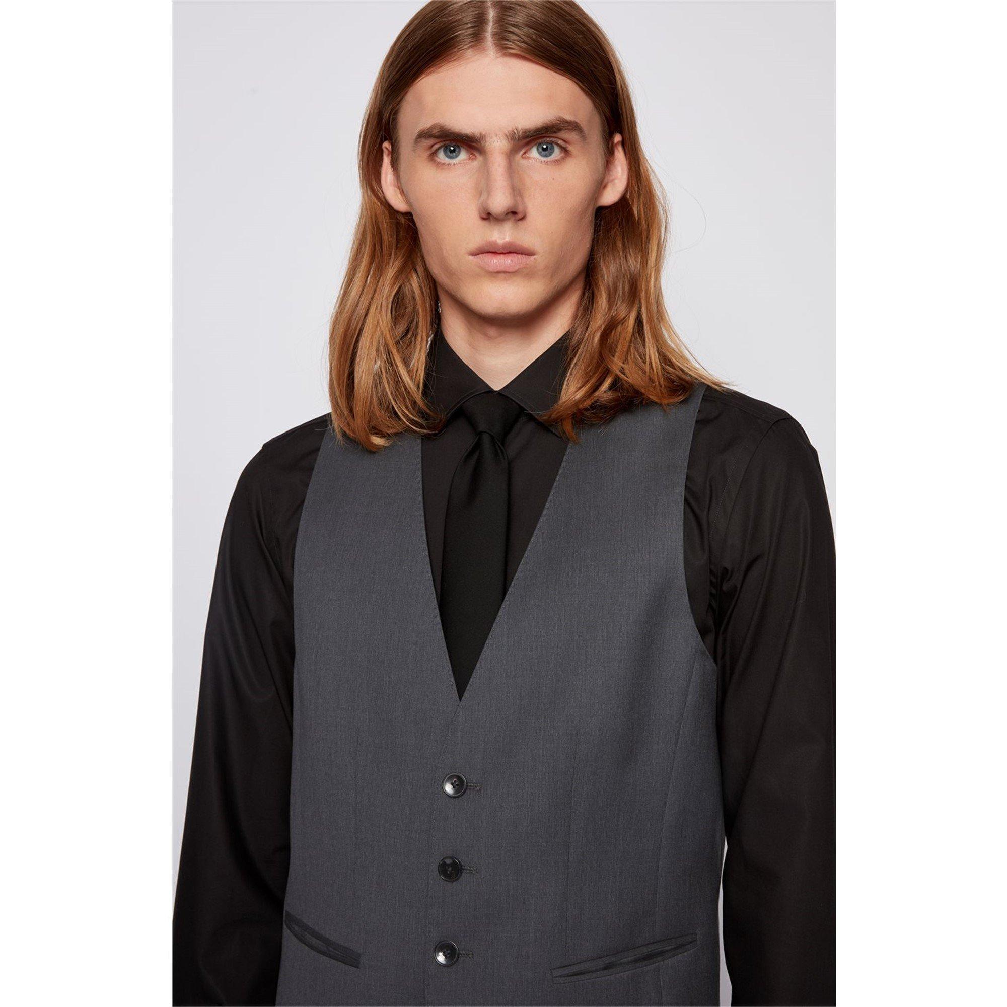 Dark Grey - Boss - Men's Herringbone Twill Slim Fit Italian Wool Waistcoat - 4