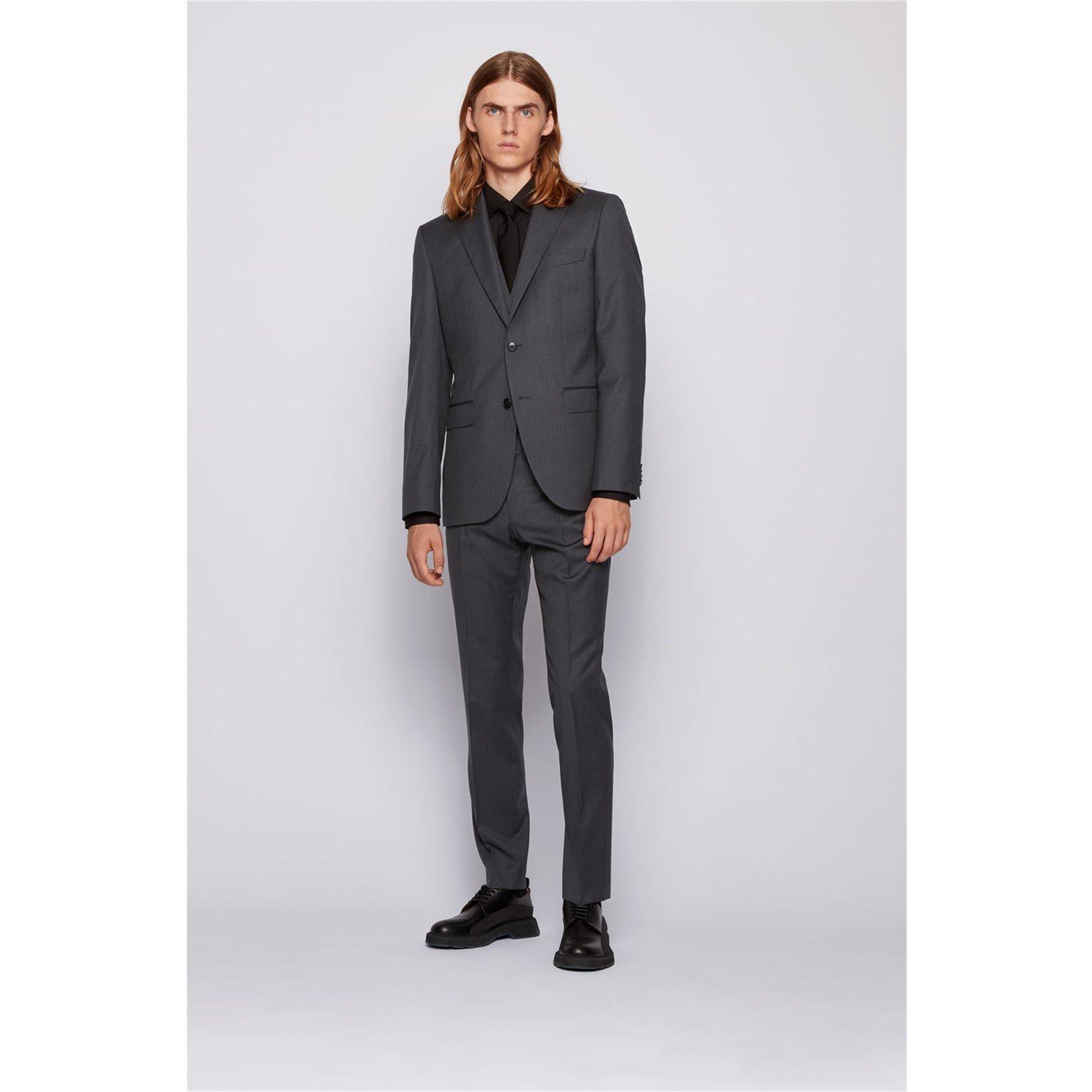 Dark Grey - Boss - Men's Herringbone Twill Slim Fit Italian Wool Waistcoat - 5