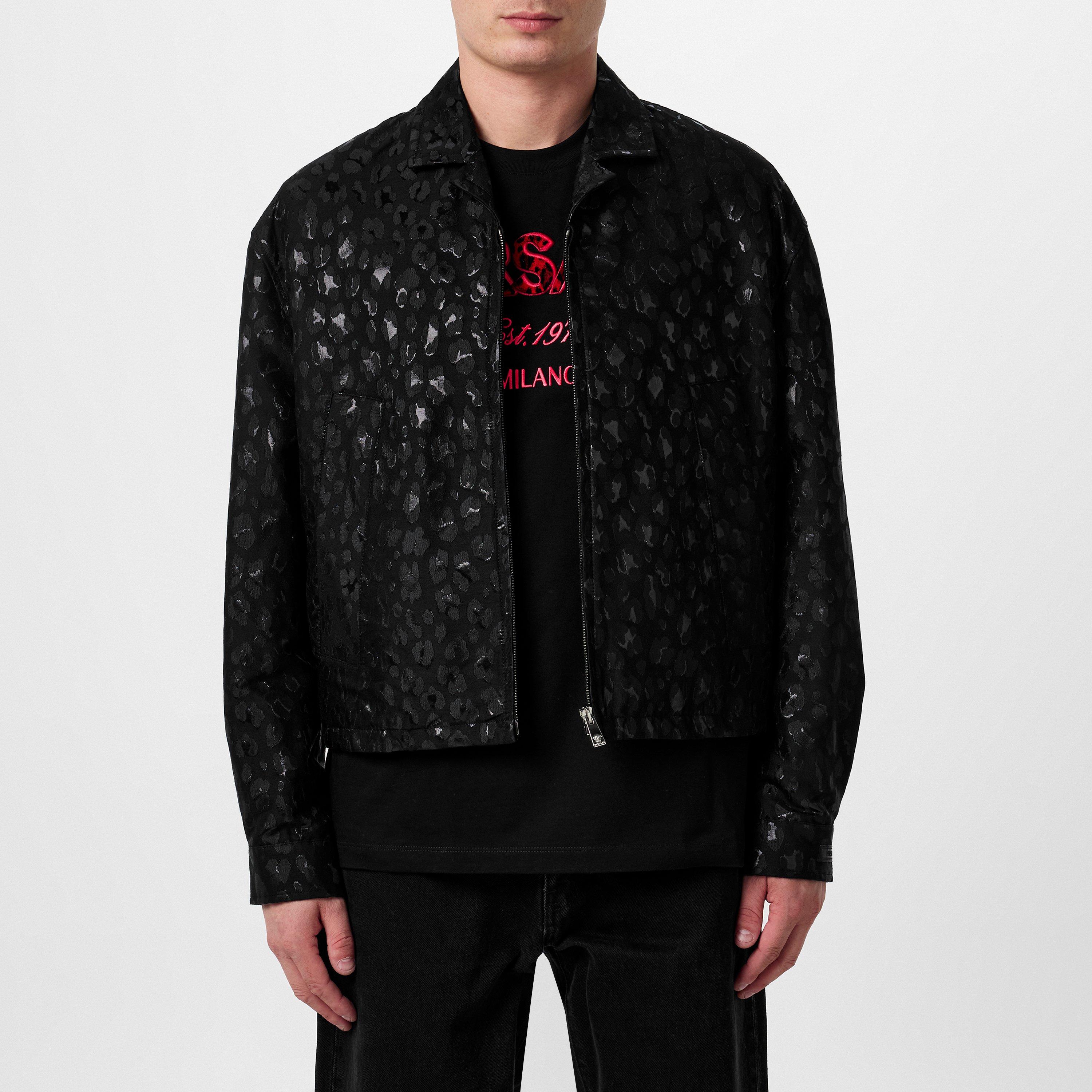 Black - Versace - Men's  Leopard Print Wool Long Sleeve Bomber Jacket - 3