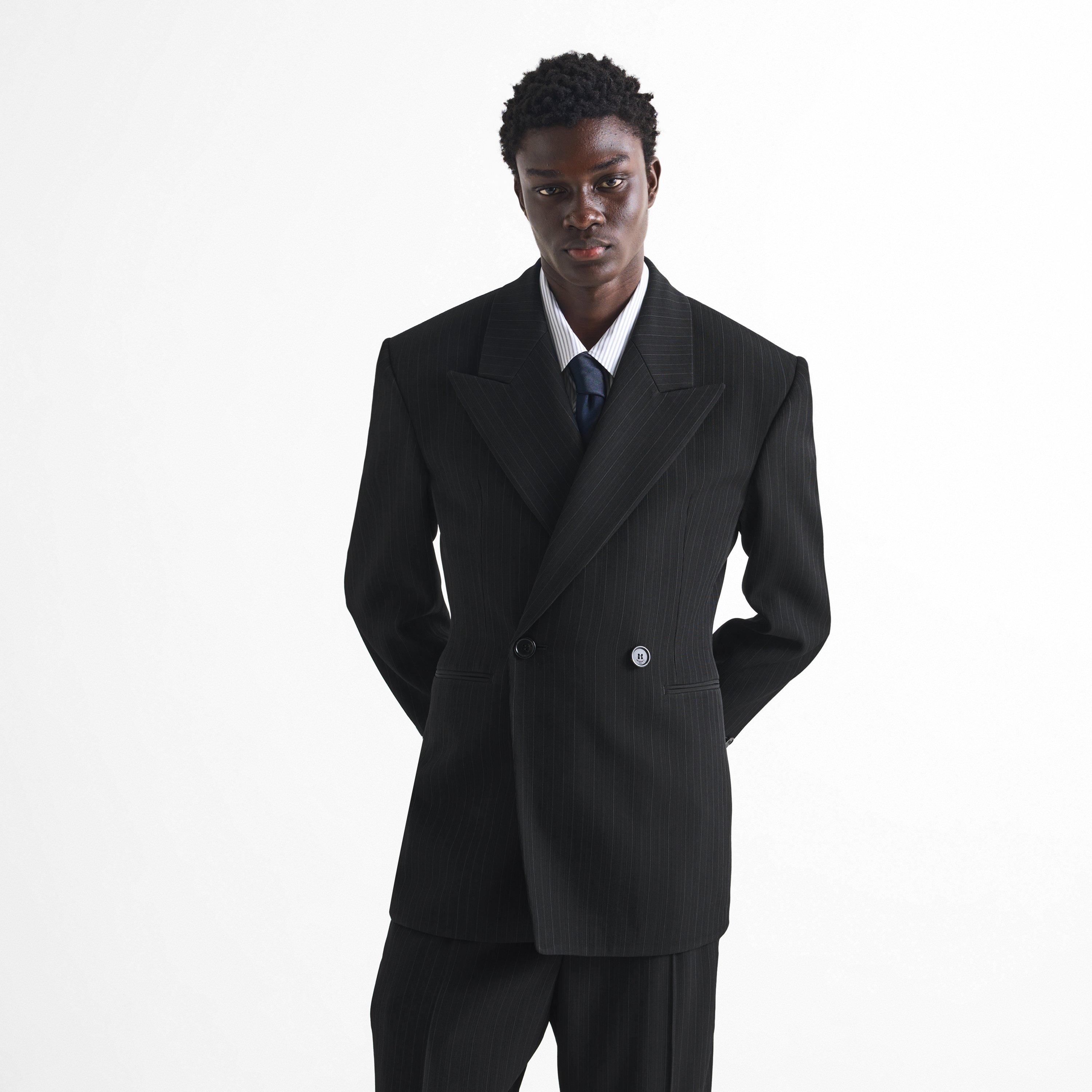 Grey - Saint Laurent - Men's Wool Pinstripe Double-Breasted Blazer - 3