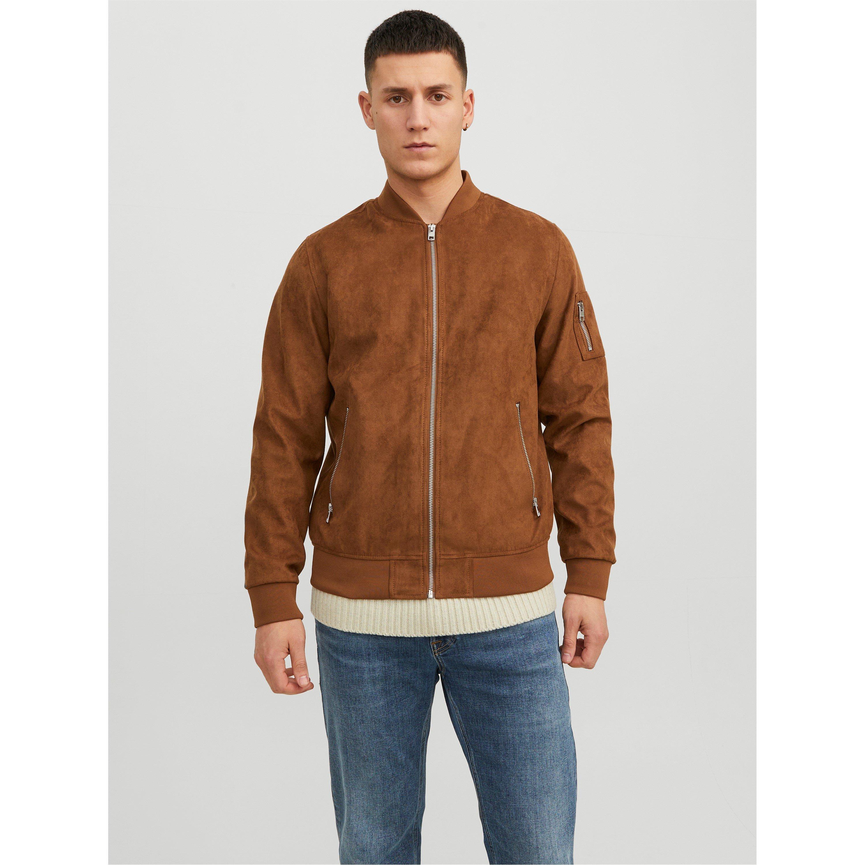 Cognac - Jack and Jones - Men's Suede Long Sleeve Bomber Jacket - 1
