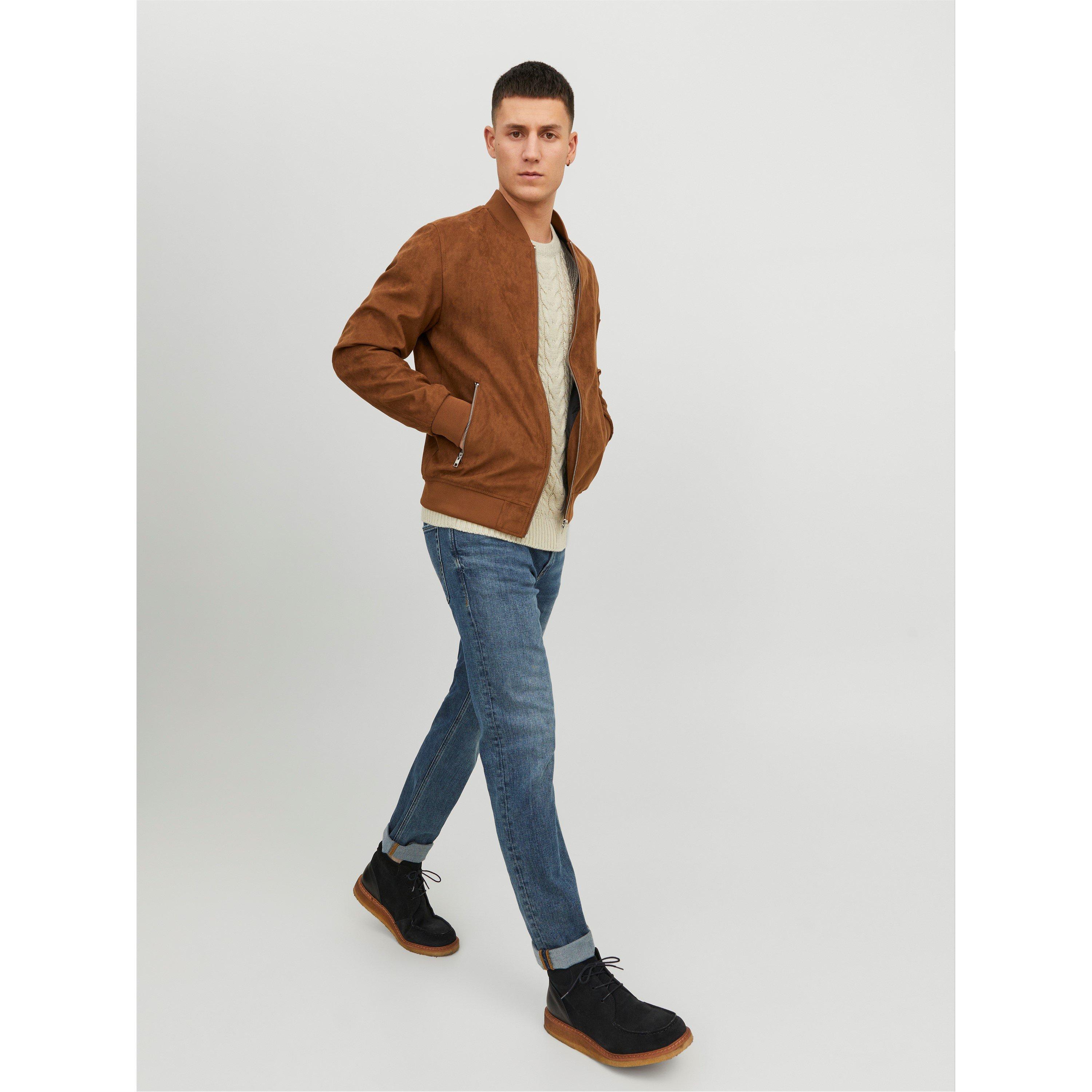 Cognac - Jack and Jones - Men's  Suede Long Sleeve Bomber Jacket - 4