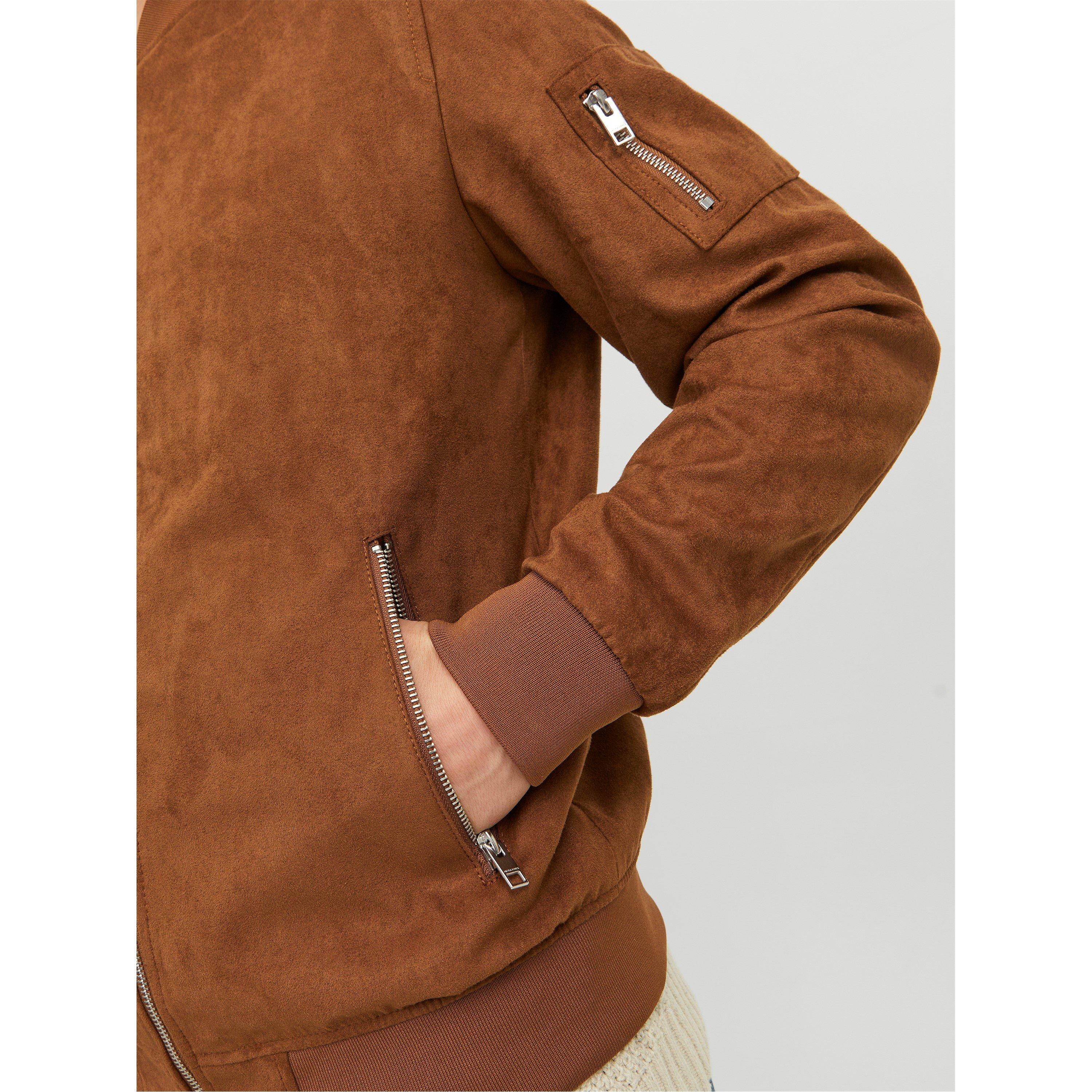 Cognac - Jack and Jones - Men's  Suede Long Sleeve Bomber Jacket - 5