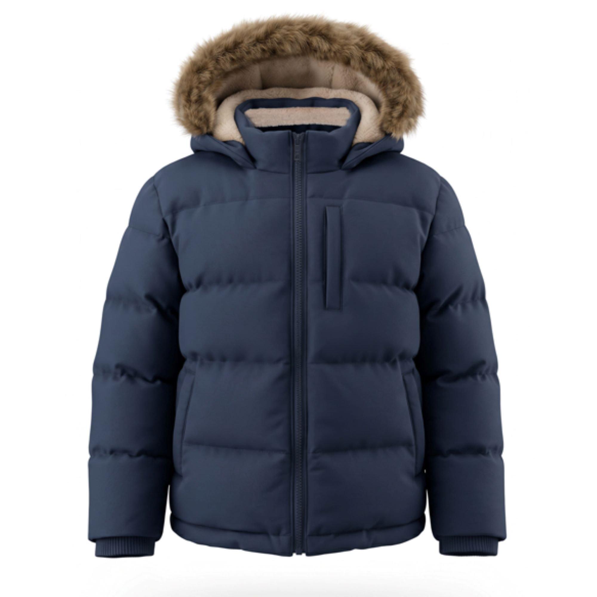 Kids Double Zip Detachable Faux Fur Hood Fleece Lined Short Puffer Jacket
