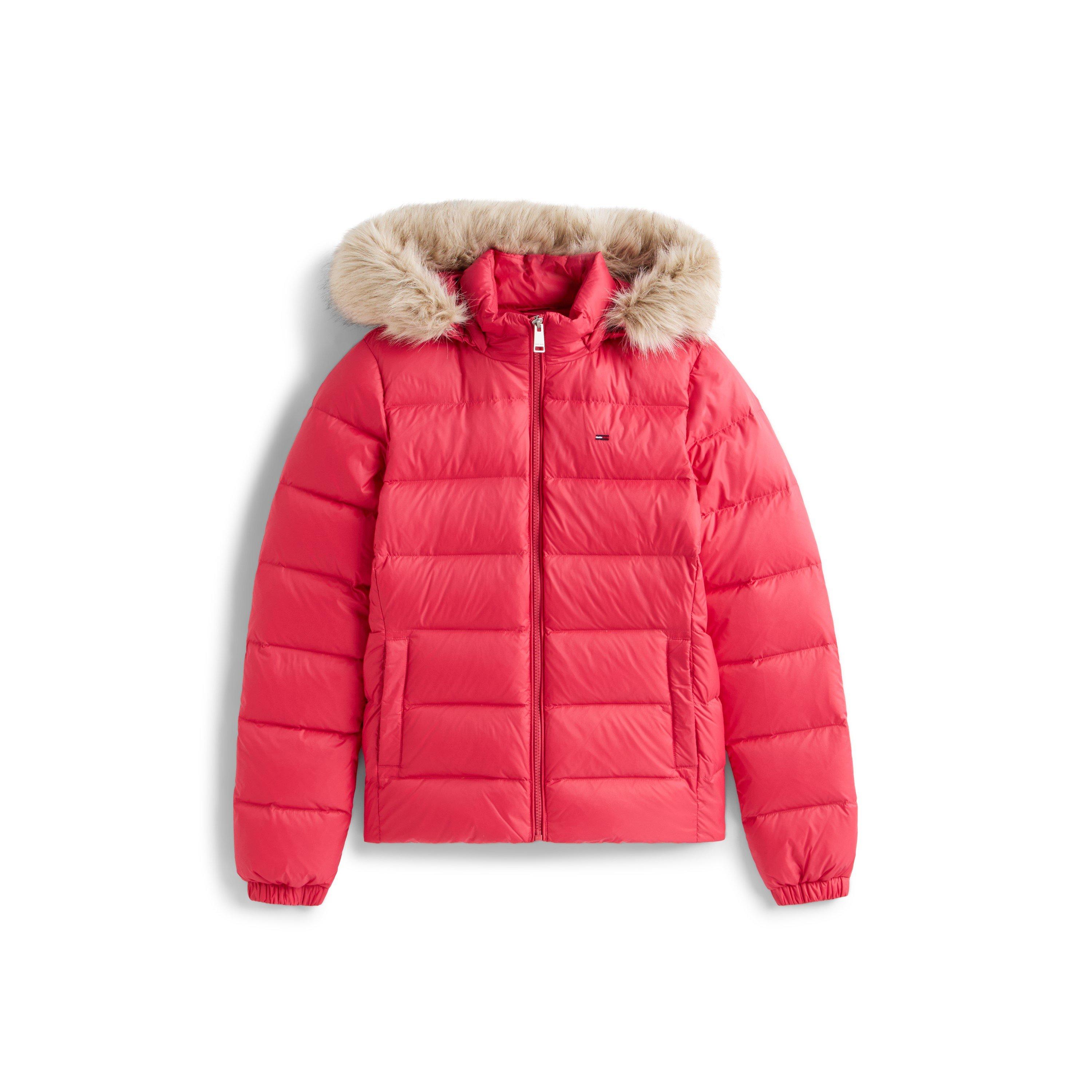 Tommy Jeans Women's Essential Quilted Wind Resistant Faux Fur Hood Rds Down Short Puffer Jacket - Vintage Cerise - 14 (L)