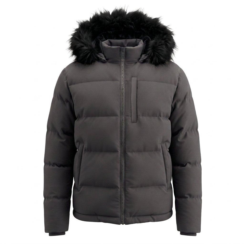 Mens 2 Zip Bubble Faux Fur Trim Fleece Lined Short Puffer Jacket