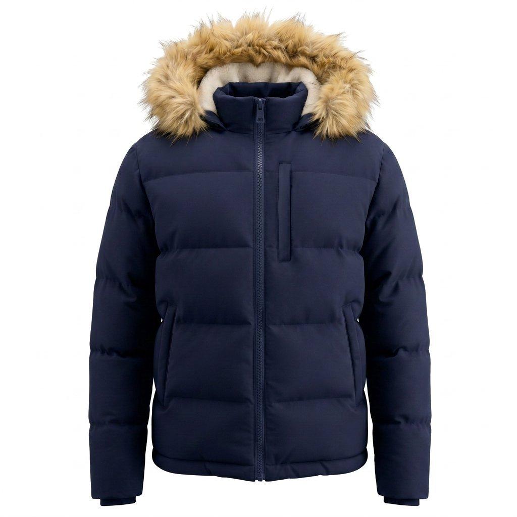 Mens 2 Zip Bubble Faux Fur Trim Fleece Lined Short Puffer Jacket