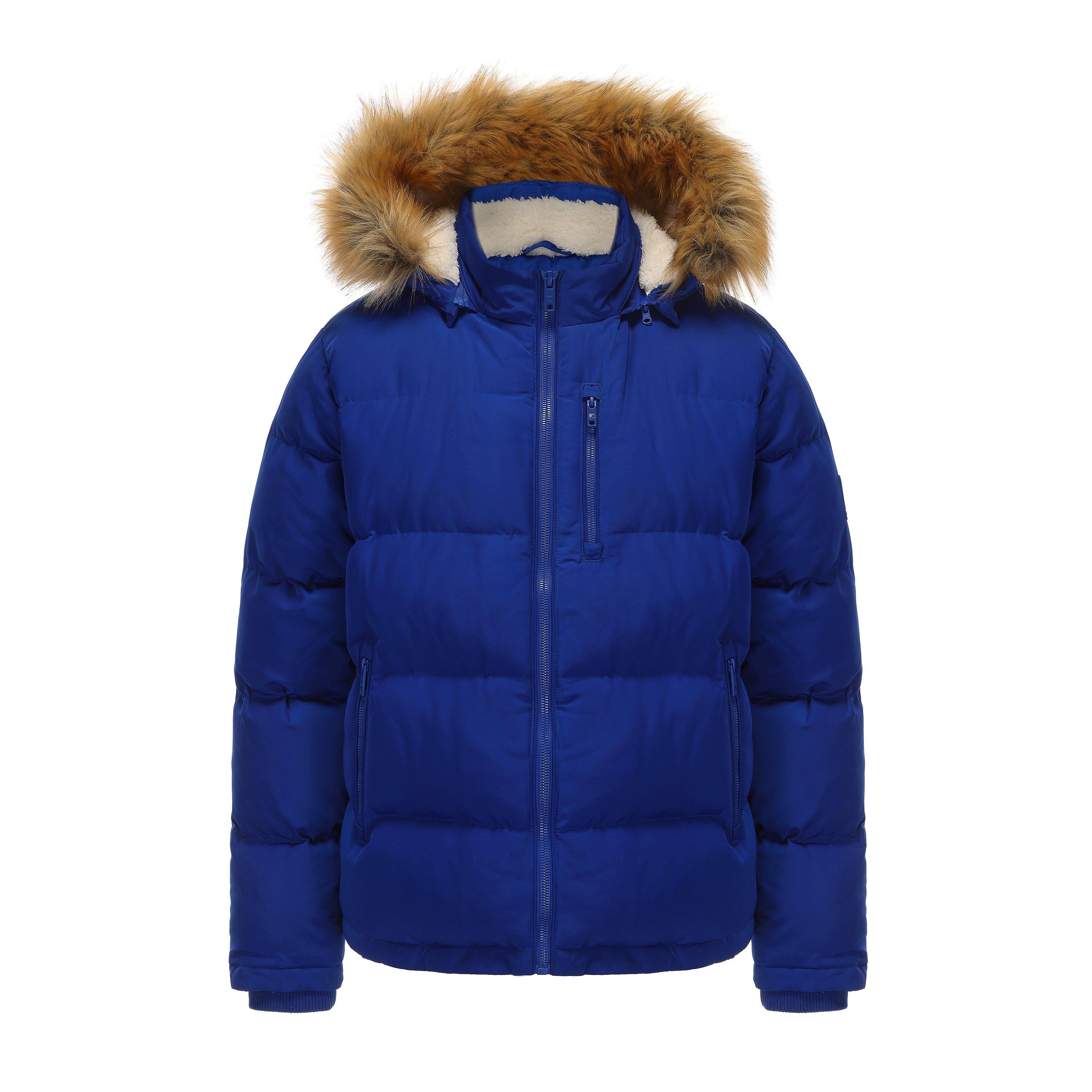 Men's 2 Zip Bubble Faux Fur Trim Fleece Lined Short Puffer Jacket