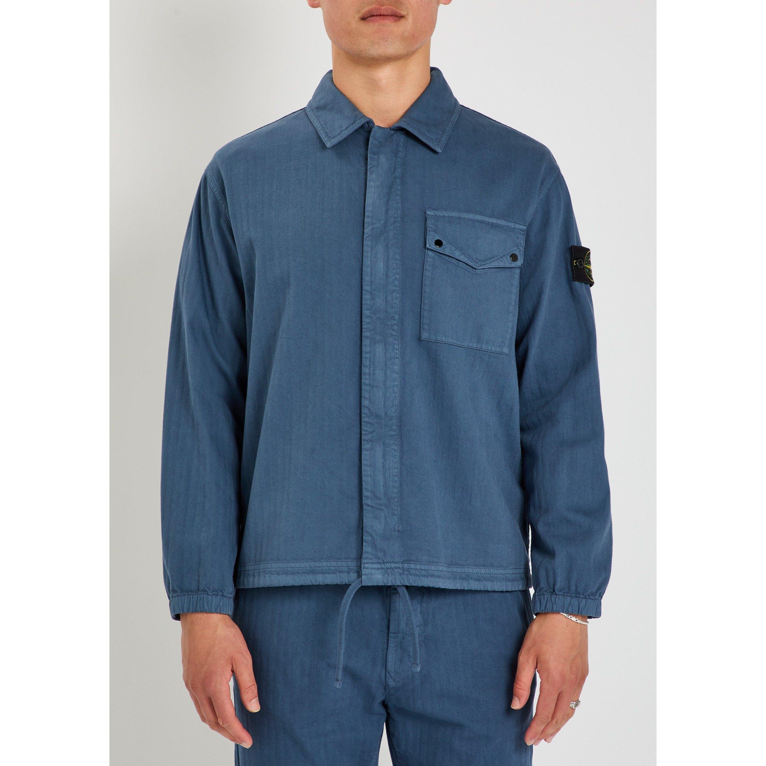 BLUE DARK - Stone Island - Men's Herringbone Cotton Relaxed-Fit Overshirt - 2
