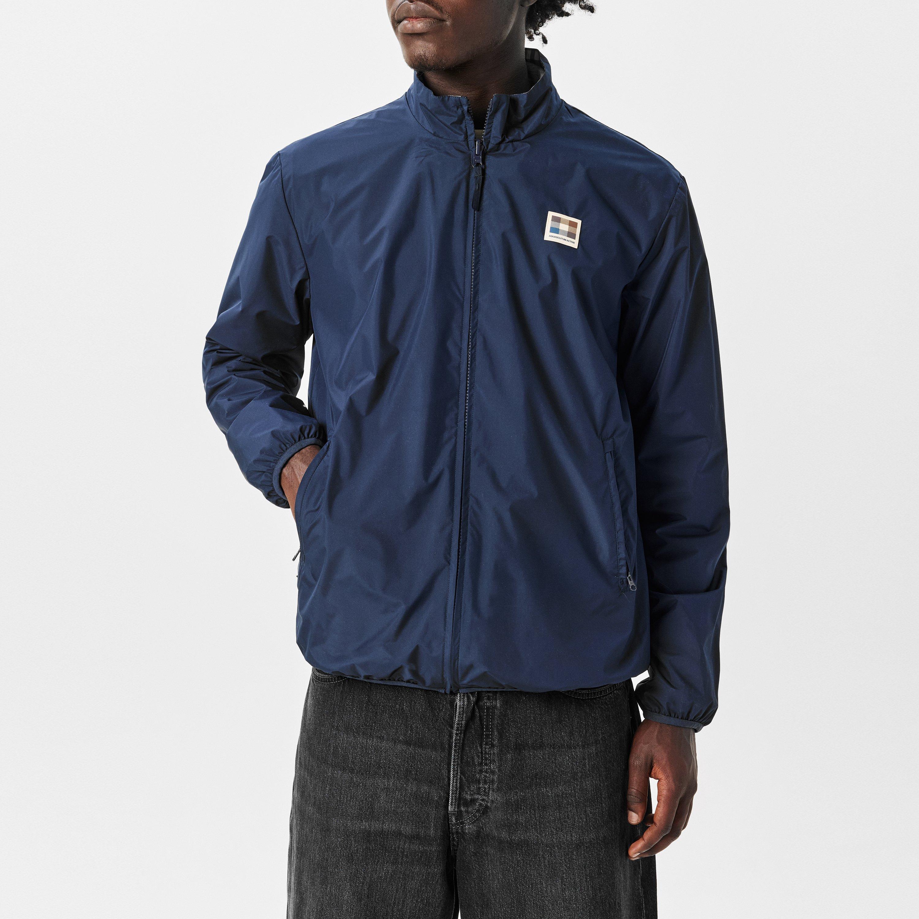 Navy - Aquascutum - Men's Reversible Check Long Sleeve Funnel Neck Rain Anorak - 3