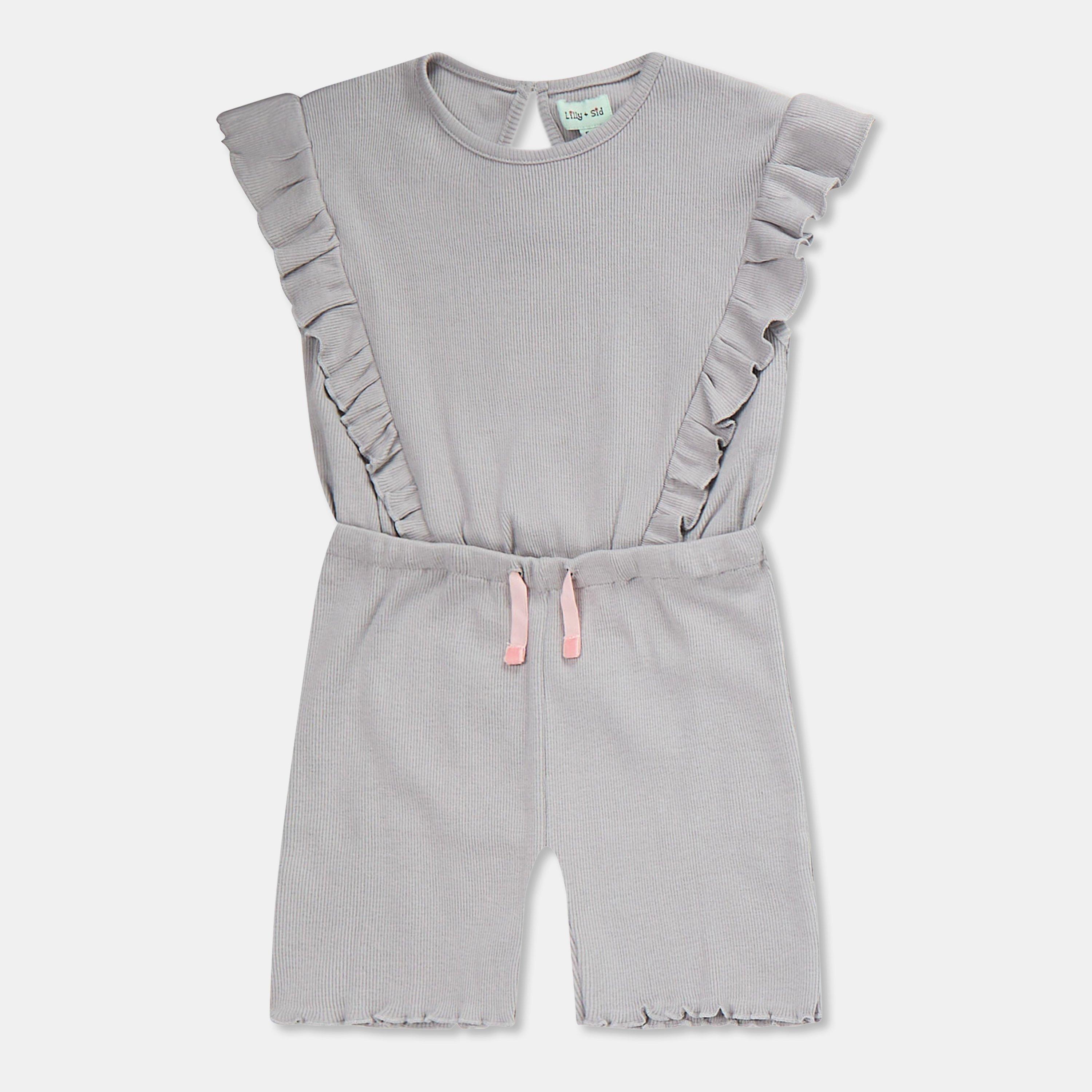 Grau - Lilly and Sid - Kids' Ribbed Frill Playsuit