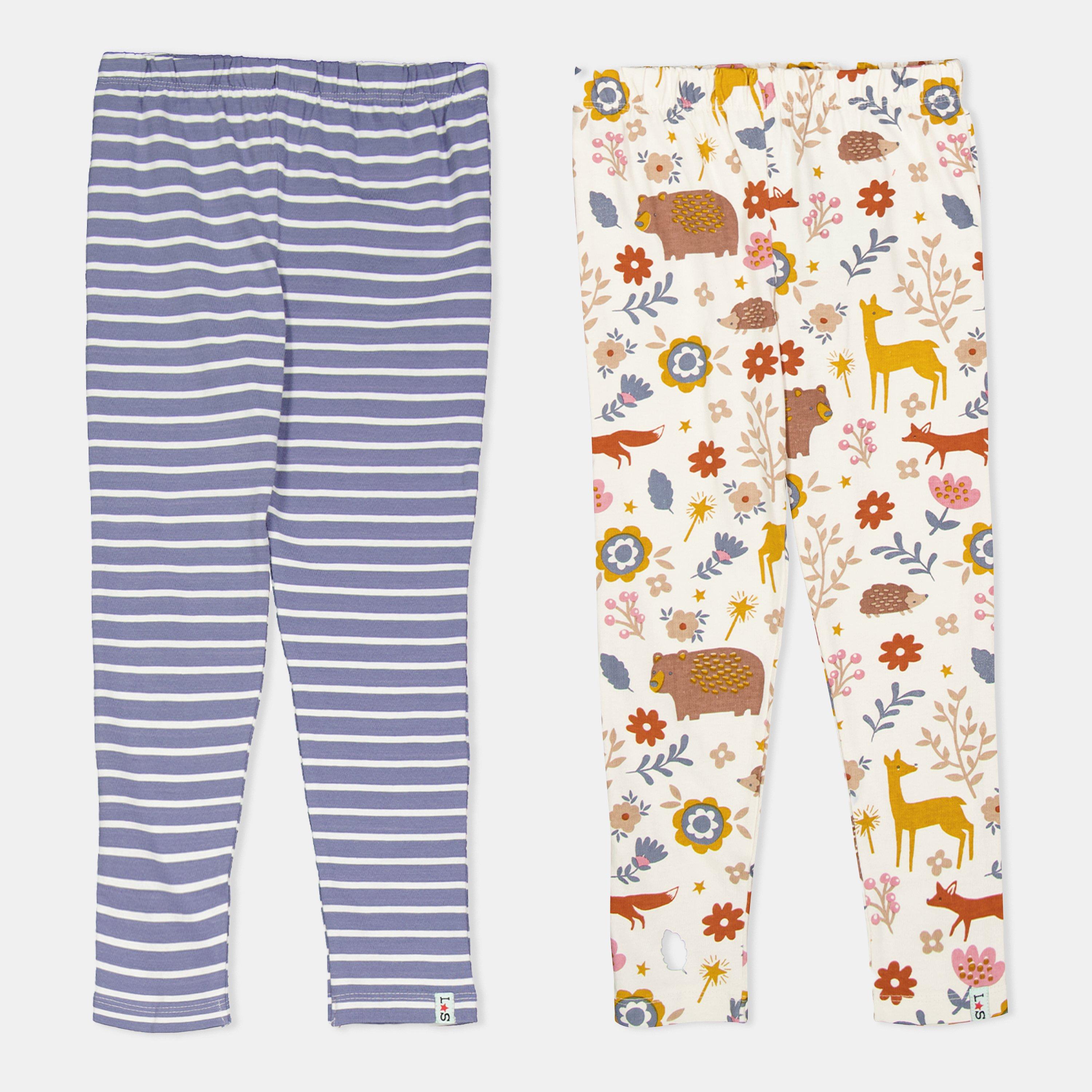 Blue - Lilly and Sid - Lilly & Sid Multicoloured Animal Forest And Stripe Print Leggings - 2 Pack