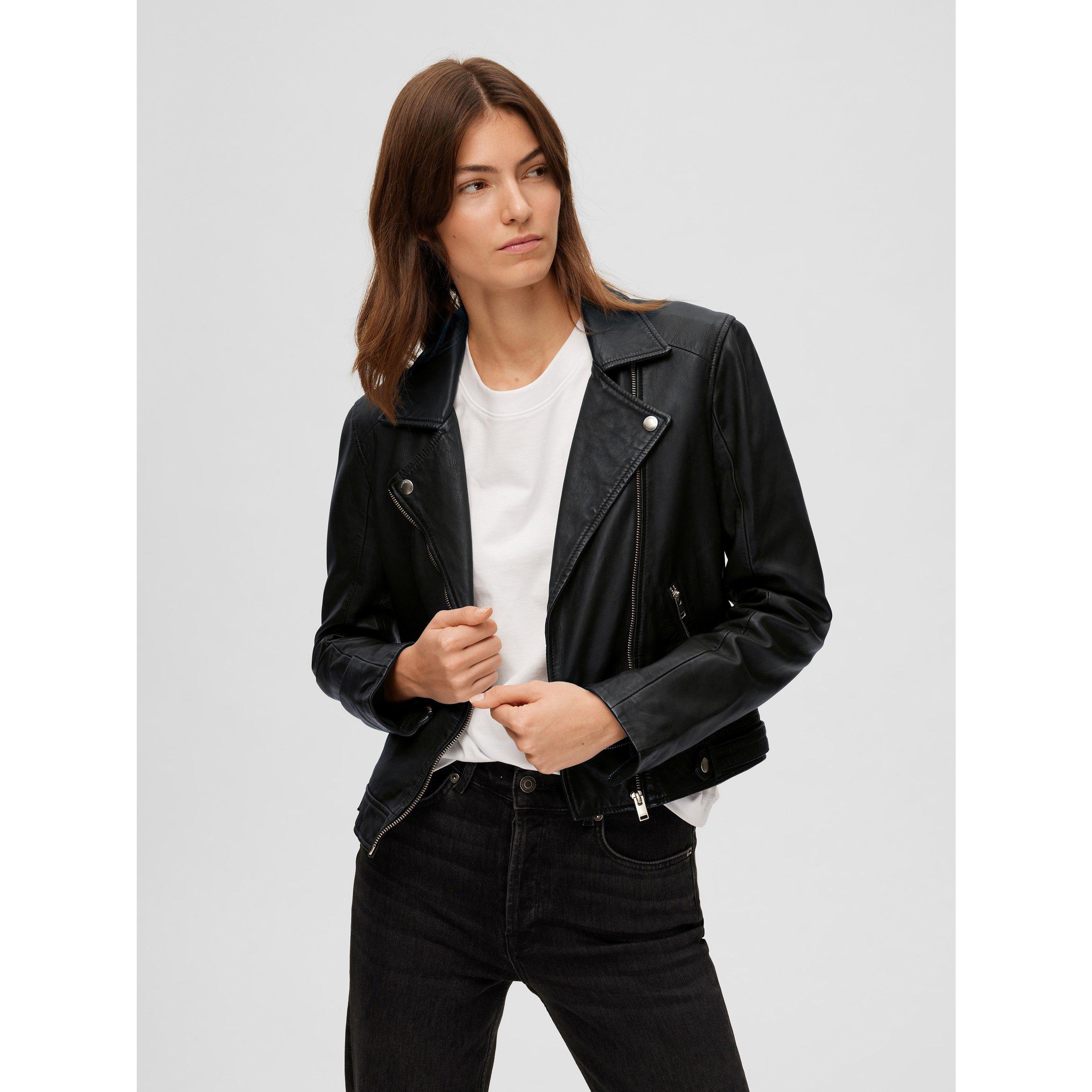 Black - Selected Femme - Women's Katie Cropped Leather Long Sleeve Leather Jacket - 1
