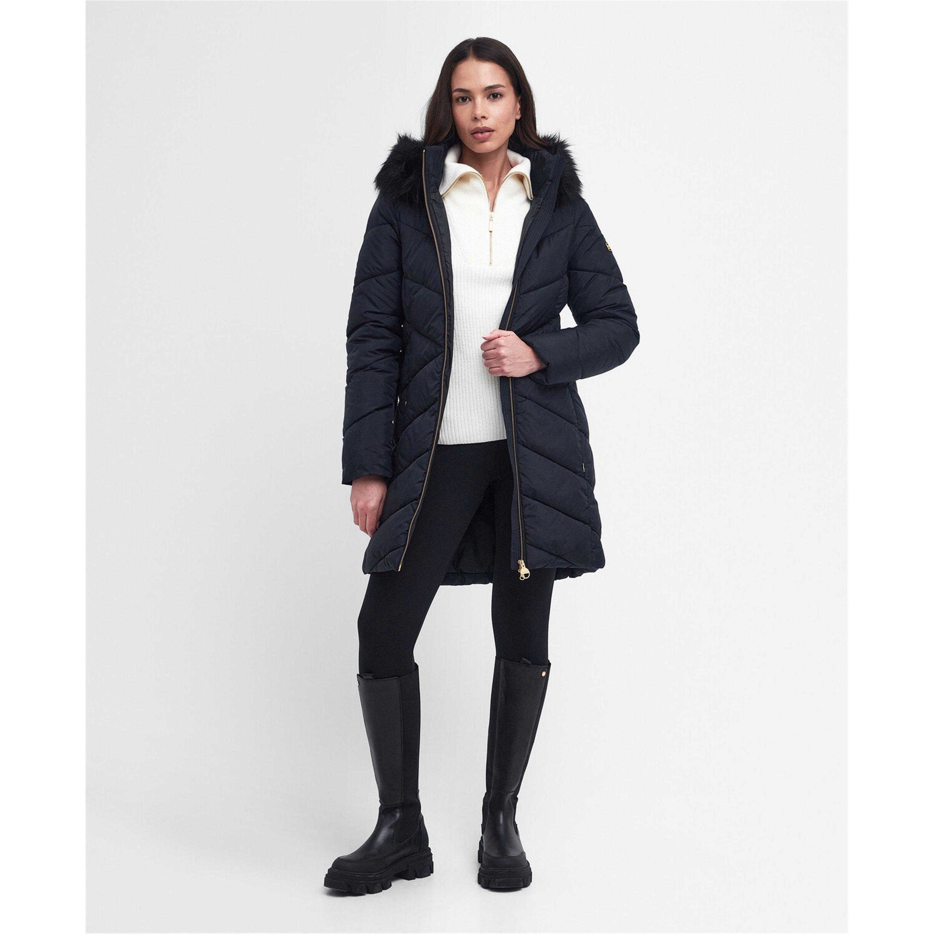Black - Barbour International - Women's East Moor Detachable Hood Faux Fur Trim Long Sleeve Short Puffer Jacket - 3
