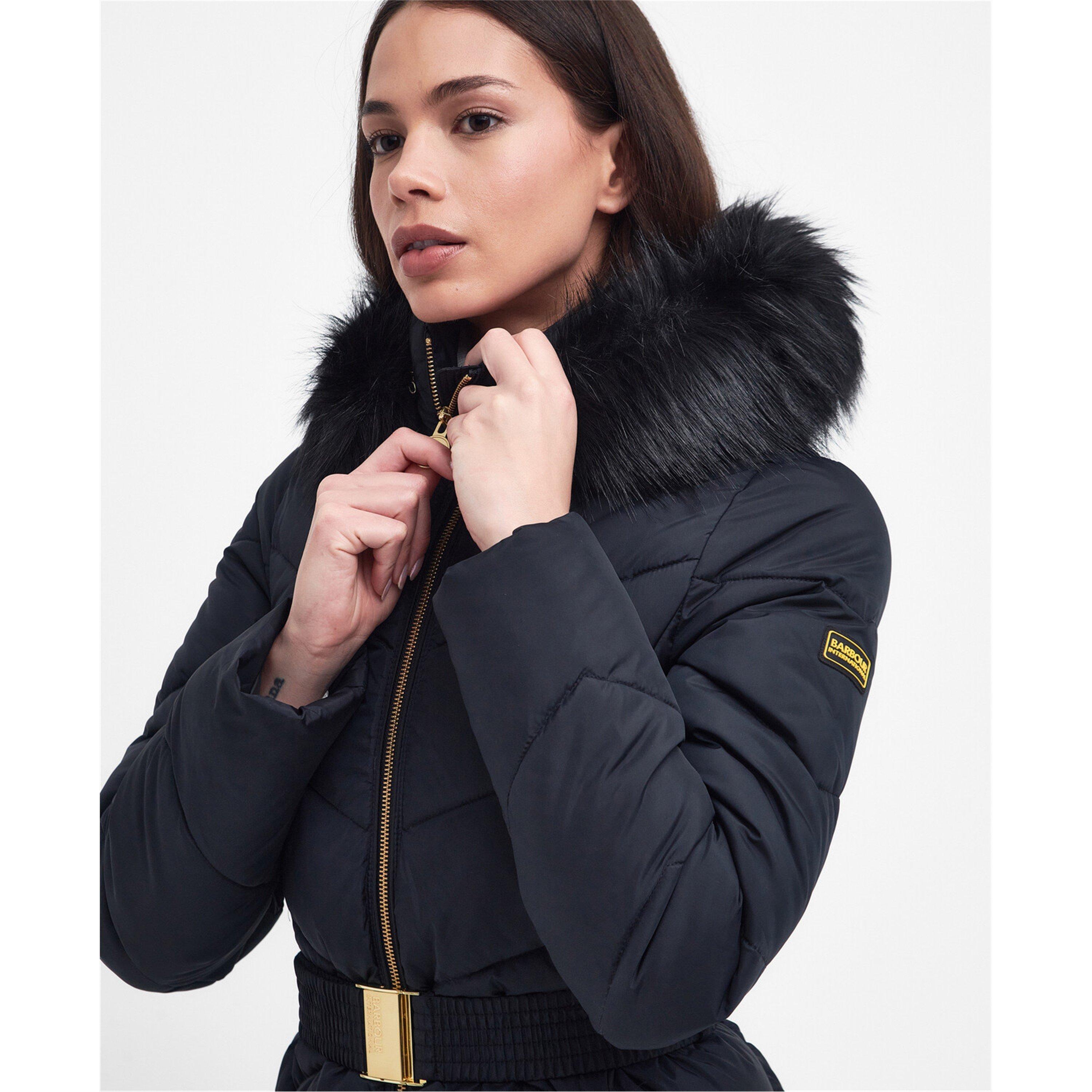 Black - Barbour International - Women's East Moor Detachable Hood Faux Fur Trim Long Sleeve Short Puffer Jacket - 4