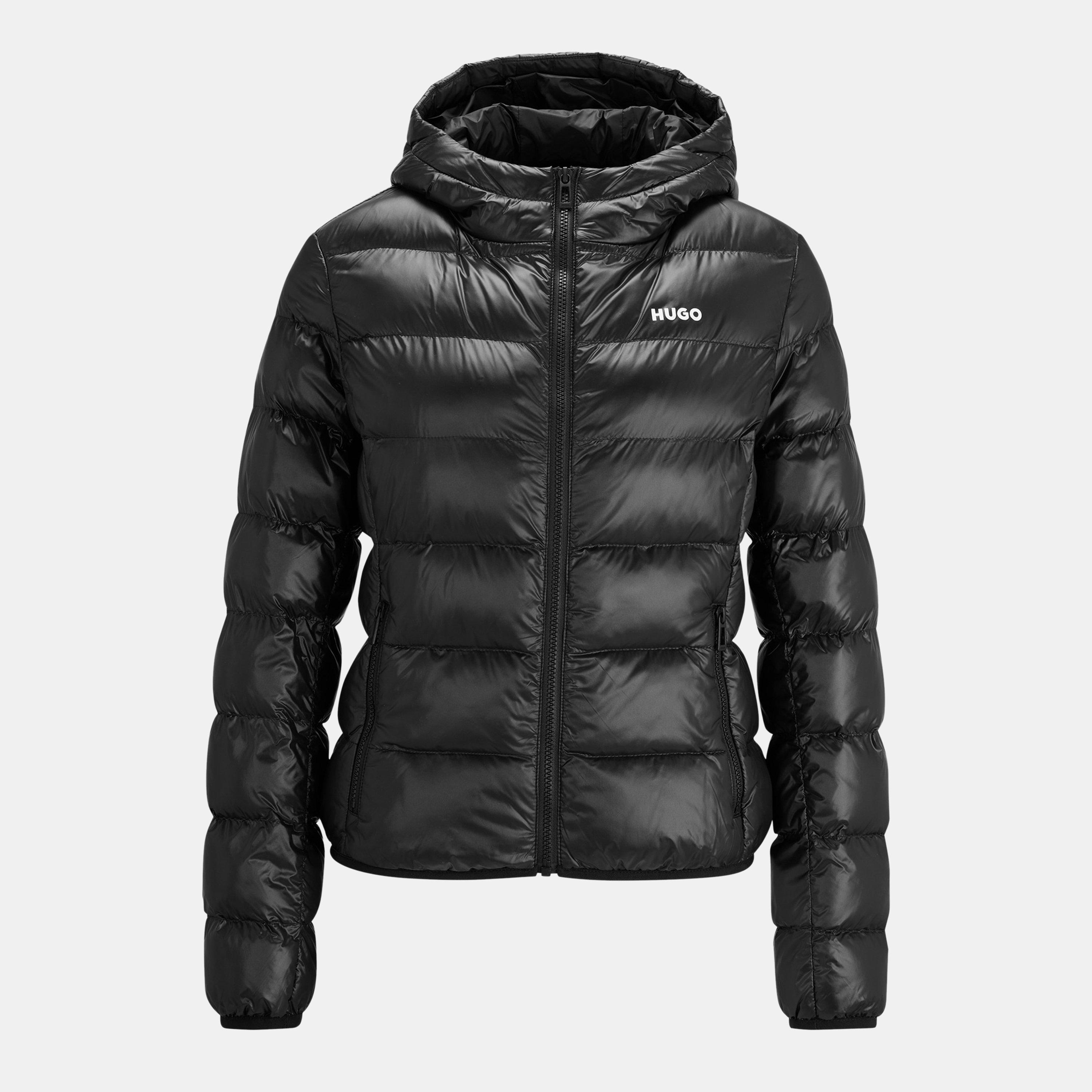 Black 001 - Hugo - Women's Famara Red Down Long Sleeve Hooded Short Puffer Jacket - 1