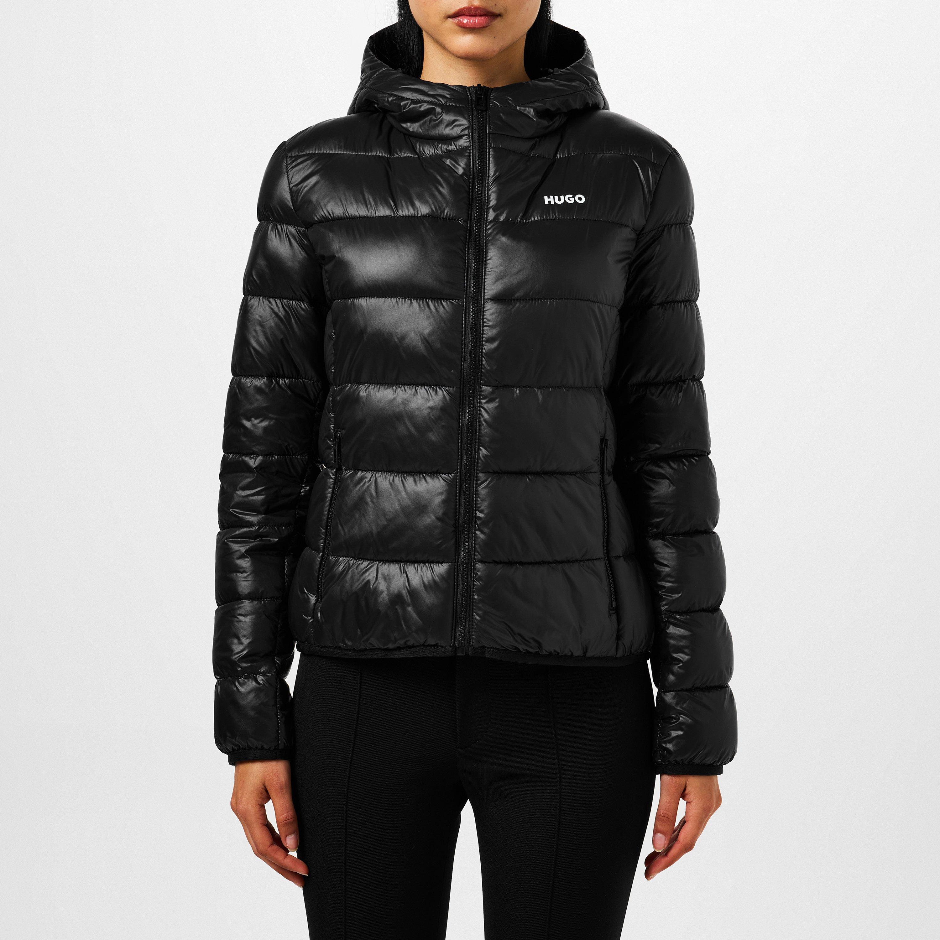 Black 001 - Hugo - Women's Famara Red Down Long Sleeve Hooded Short Puffer Jacket - 2